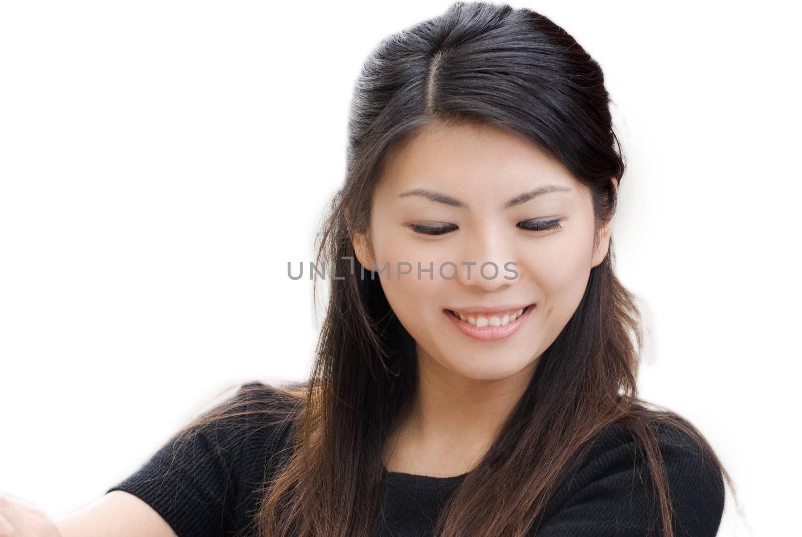 Smile woman of Asian portrait on white background.