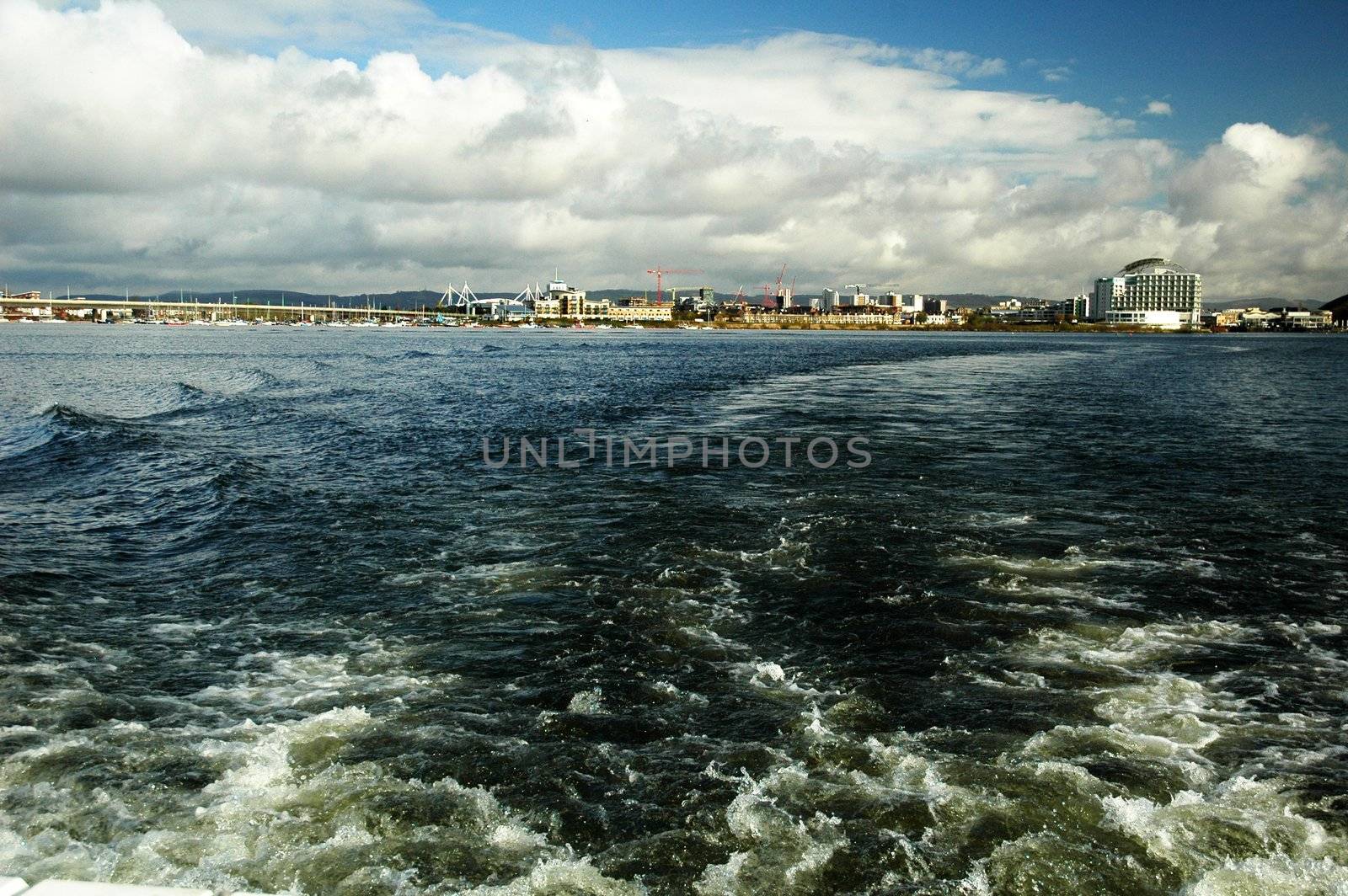 a view at Cardiff Bay from sea with waves