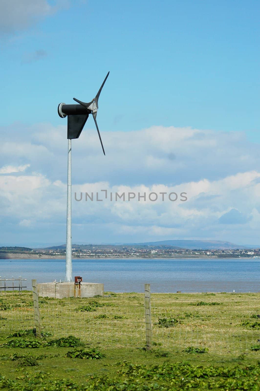 a propellor situated on Flat holm island with blue sky and sea