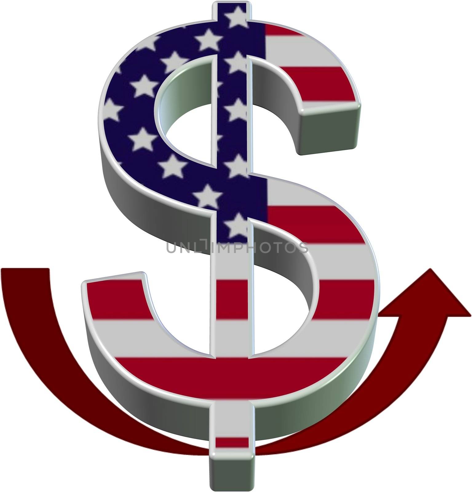3d representation of dollar textured in USA flag with an arrow rising