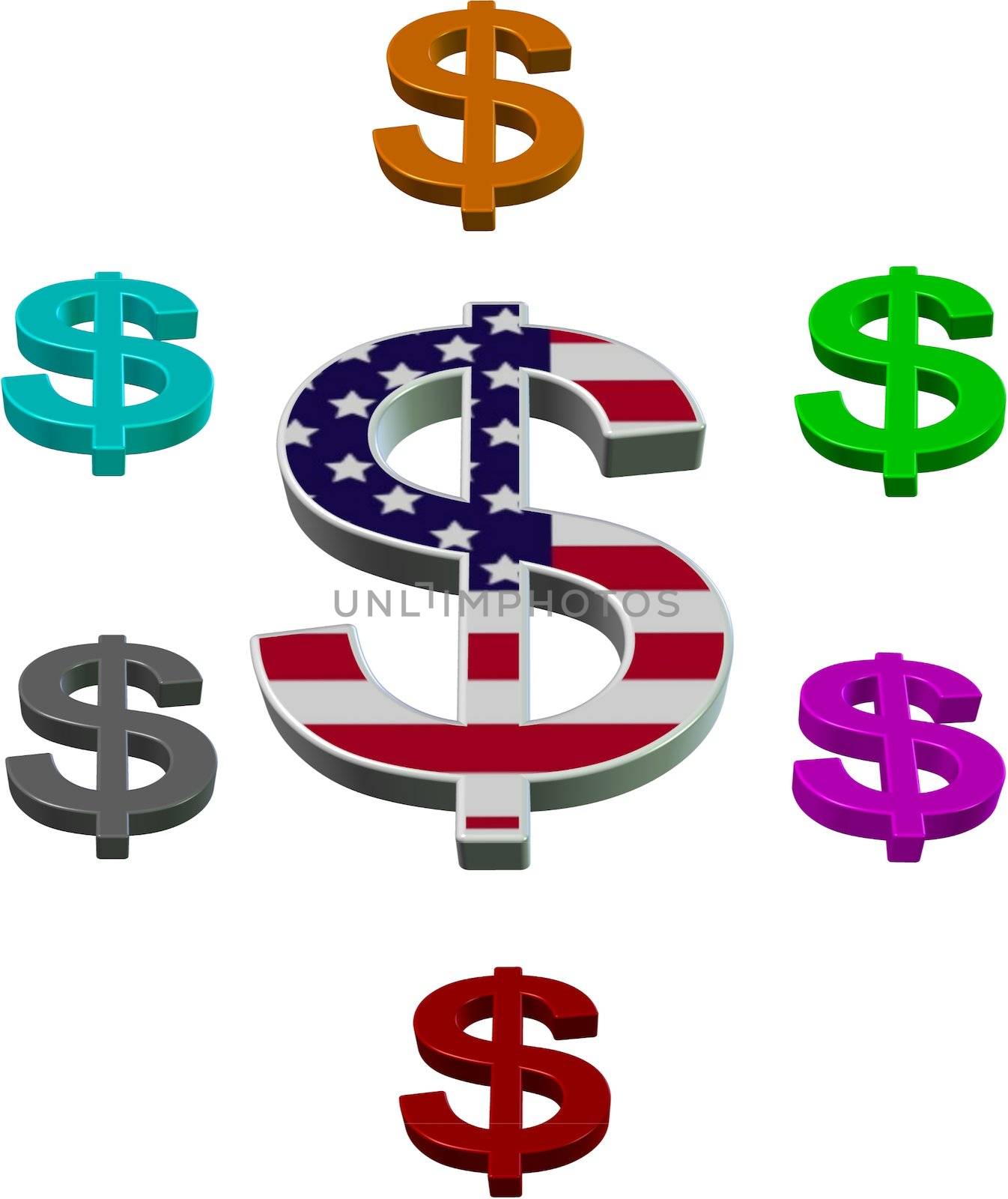 a 3d illustration of dollar textured in USA flag surrounded by 3d dollar symbols in colours