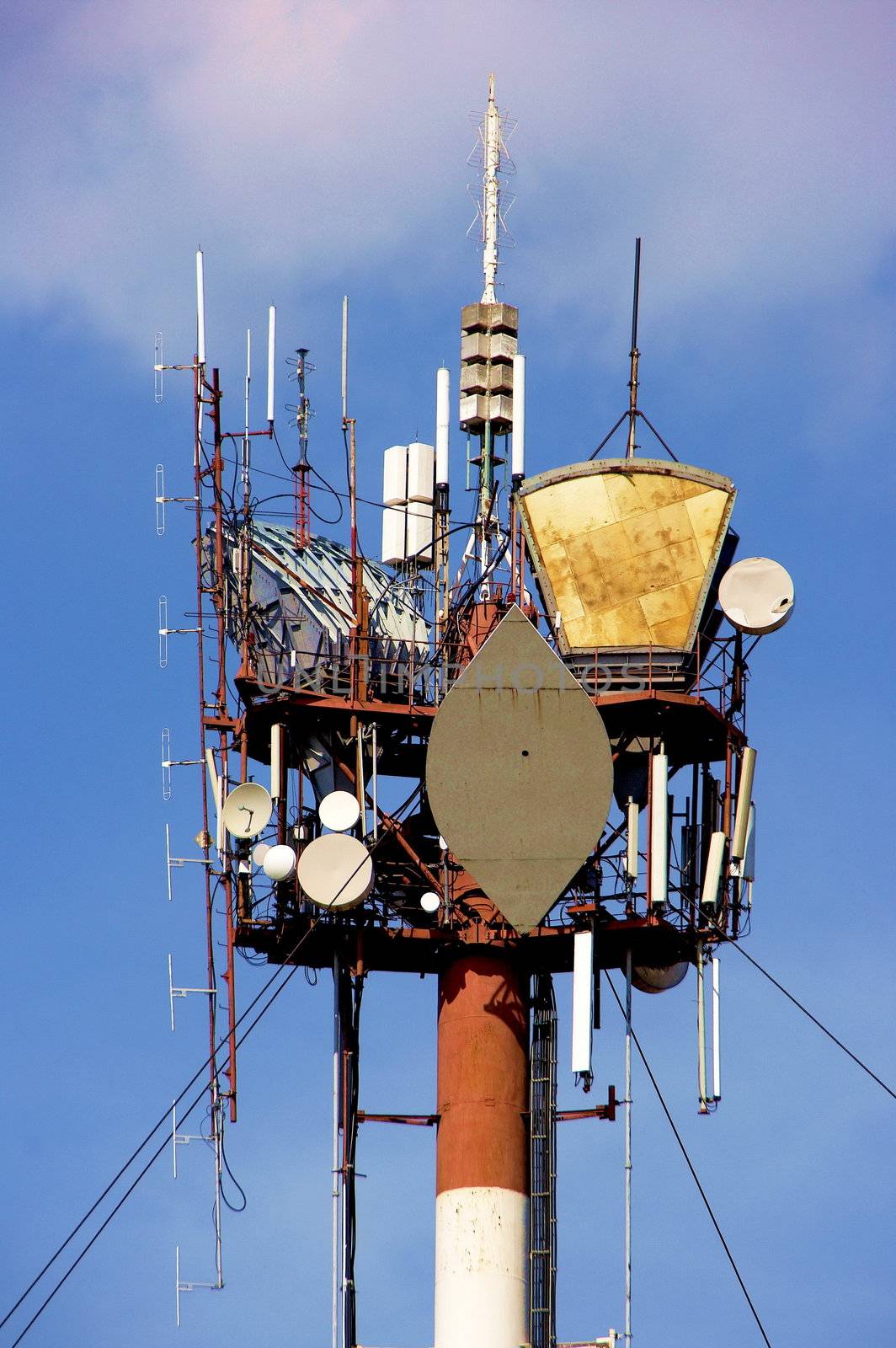 Peak of communication Hi-Tek mast with lights and antennas