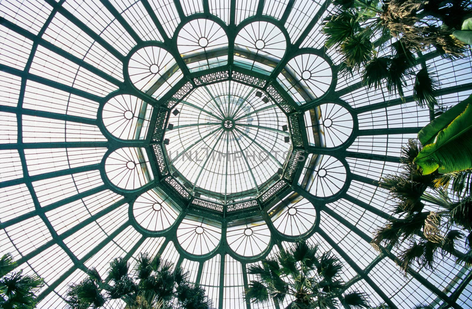 The huge glass and metal dome of the Royal Greenhouse in Laeken, Belgium is a popular tourist sight in the Brussels region. 