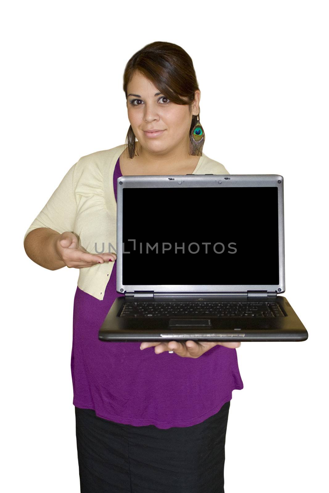 A plus size model presenting something on a laptop. Clipping paths are included for the girl as well as the screen to insert your own image.