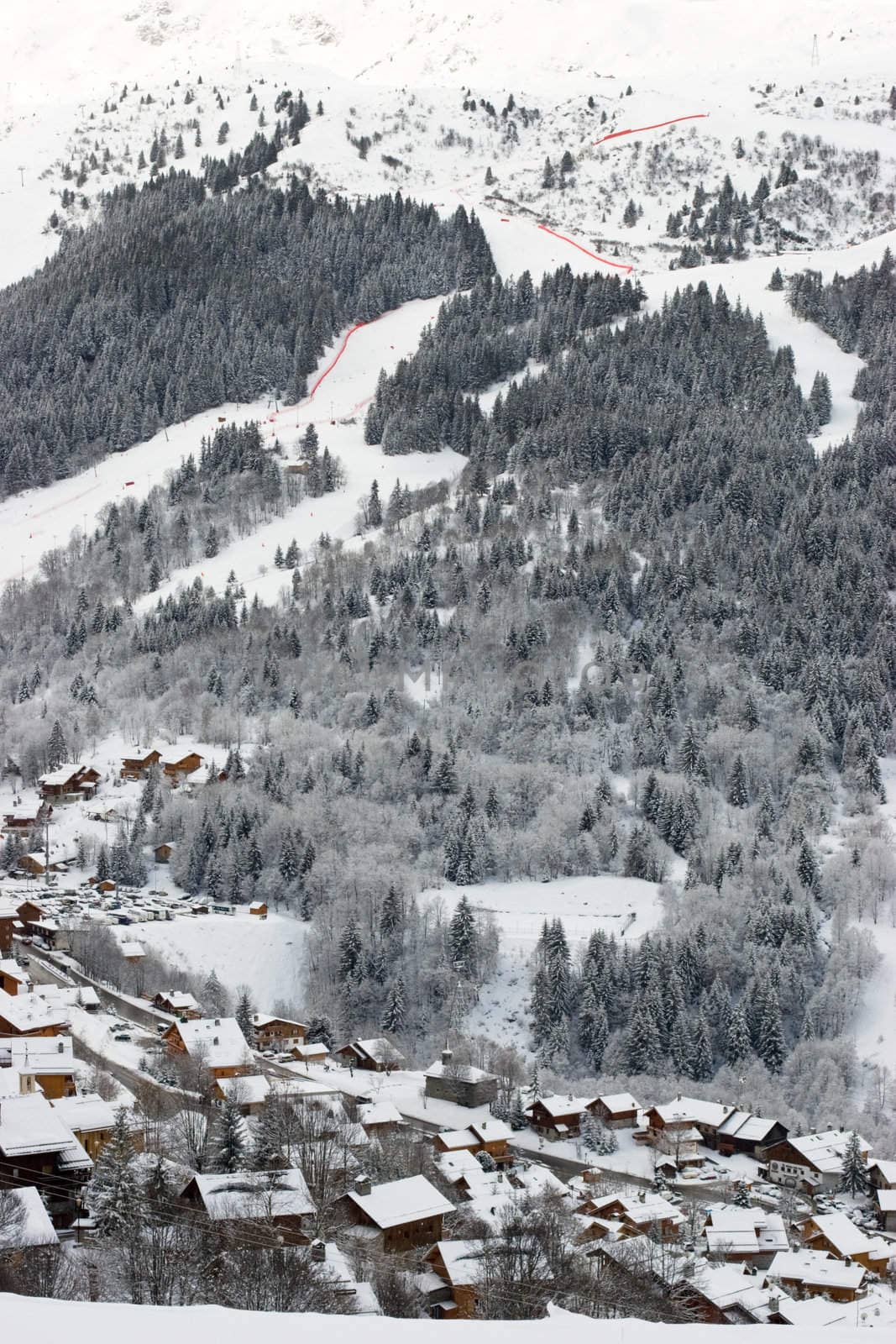 A view of the Meribel ski resort after snow storm