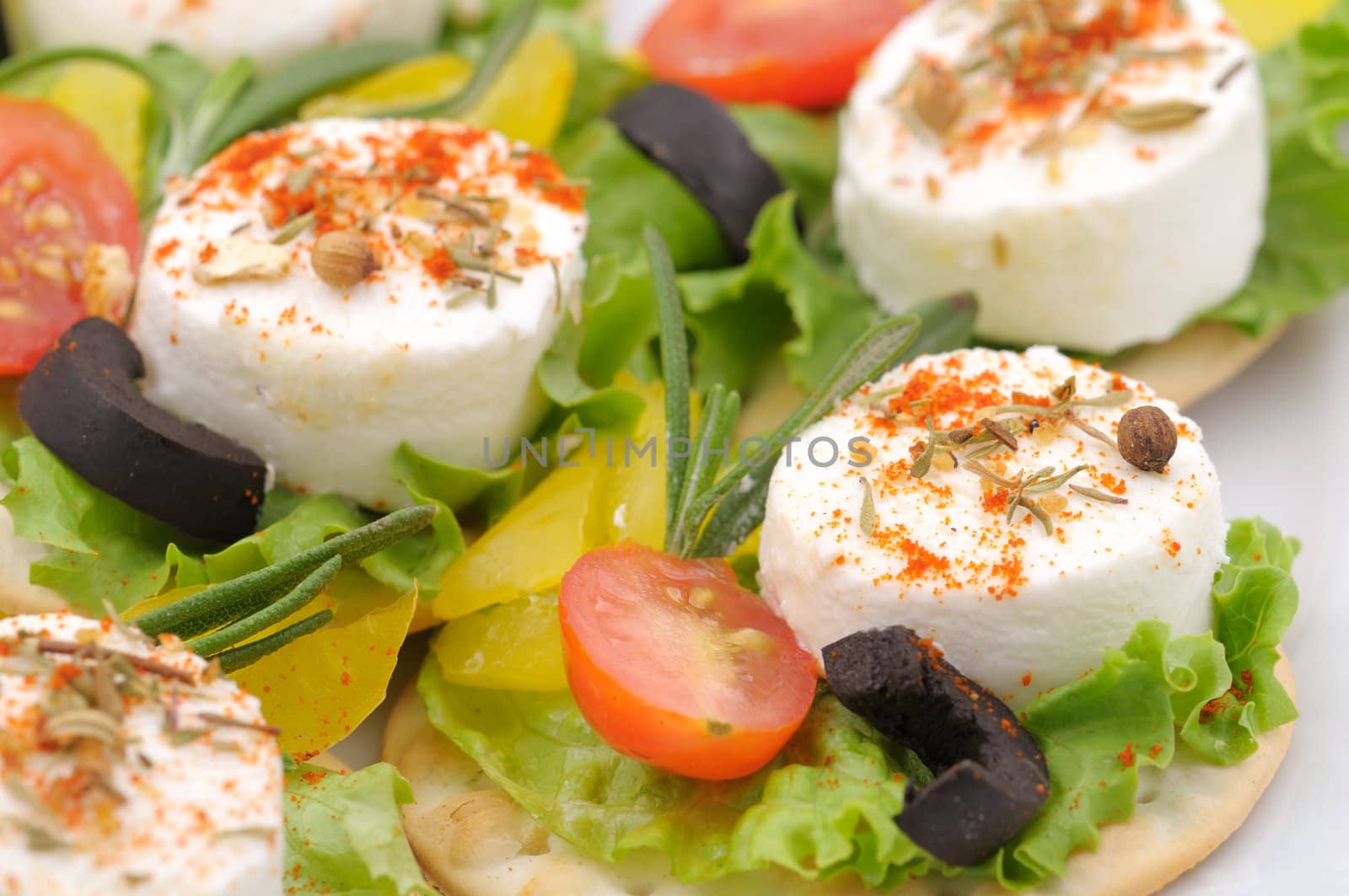 Close-up of cheese appetizers decorated with spices and vegetable