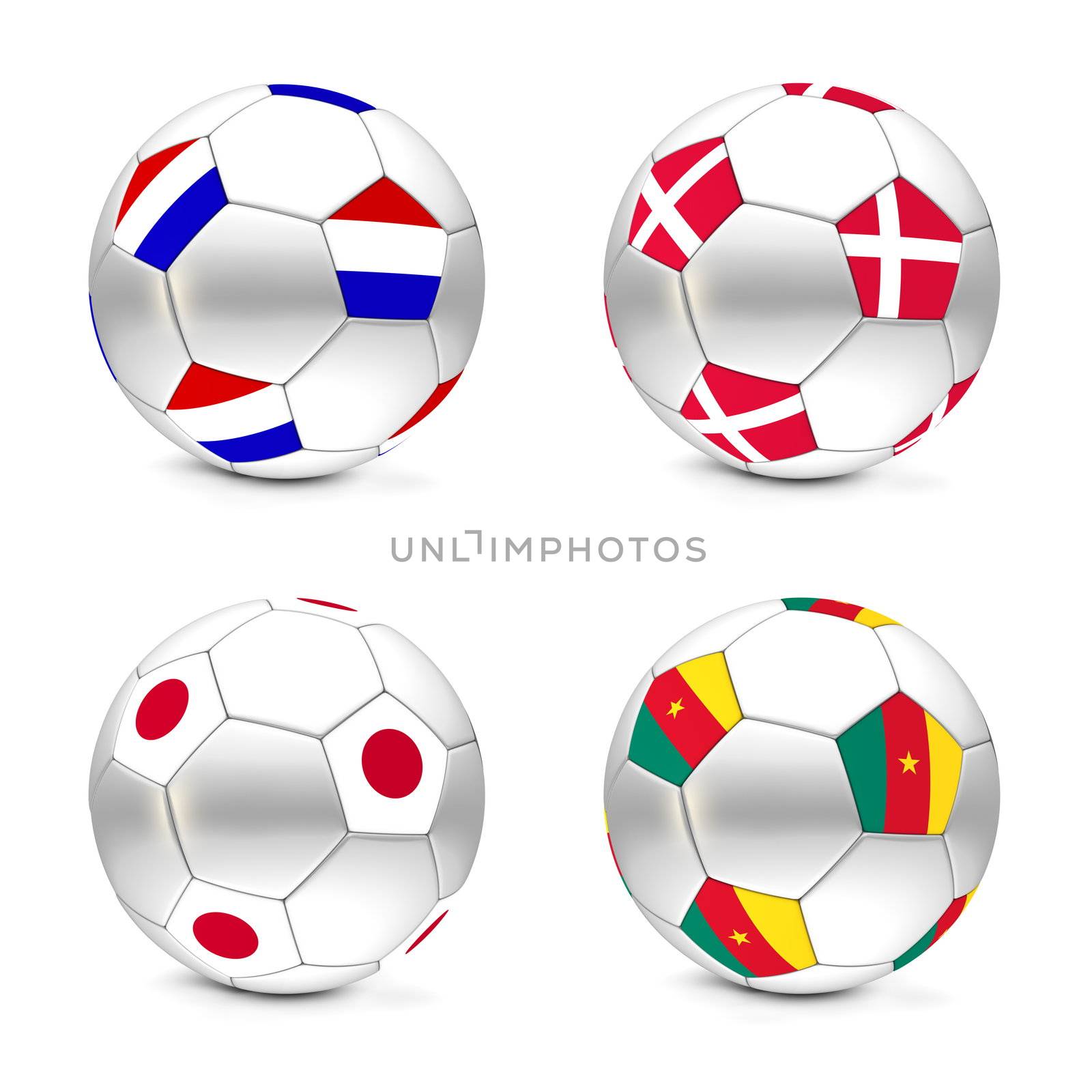 four footballs/soccer balls with the flags of Netherlands, Denmark, Japan and Cameroon - world championship South Africa 2010 group E