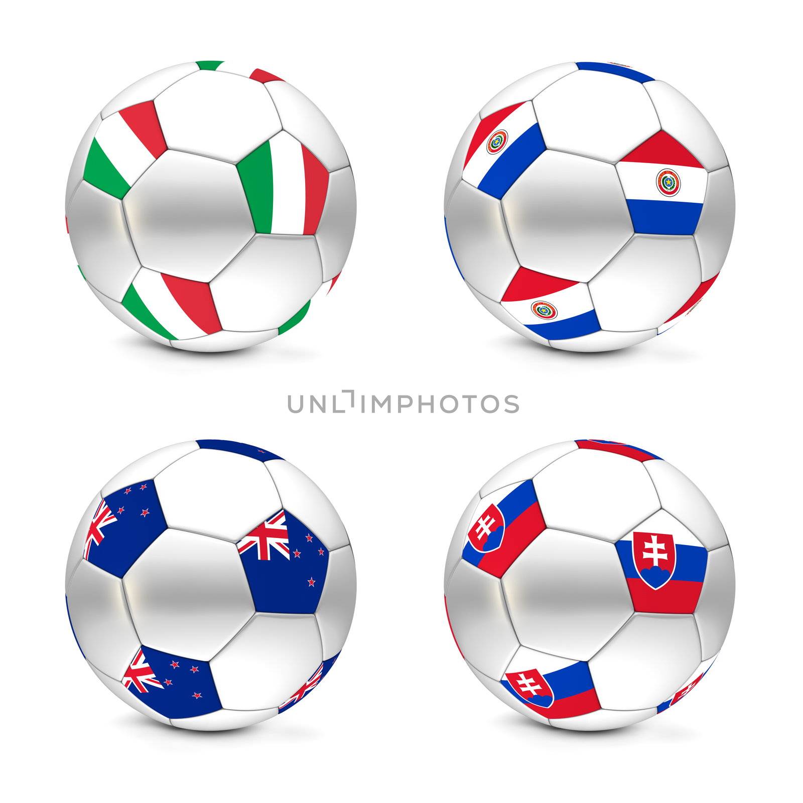 four footballs/soccer balls with the flags of Italy, Paraguay, New Zealand and Slovakia - world championship South Africa 2010 group F