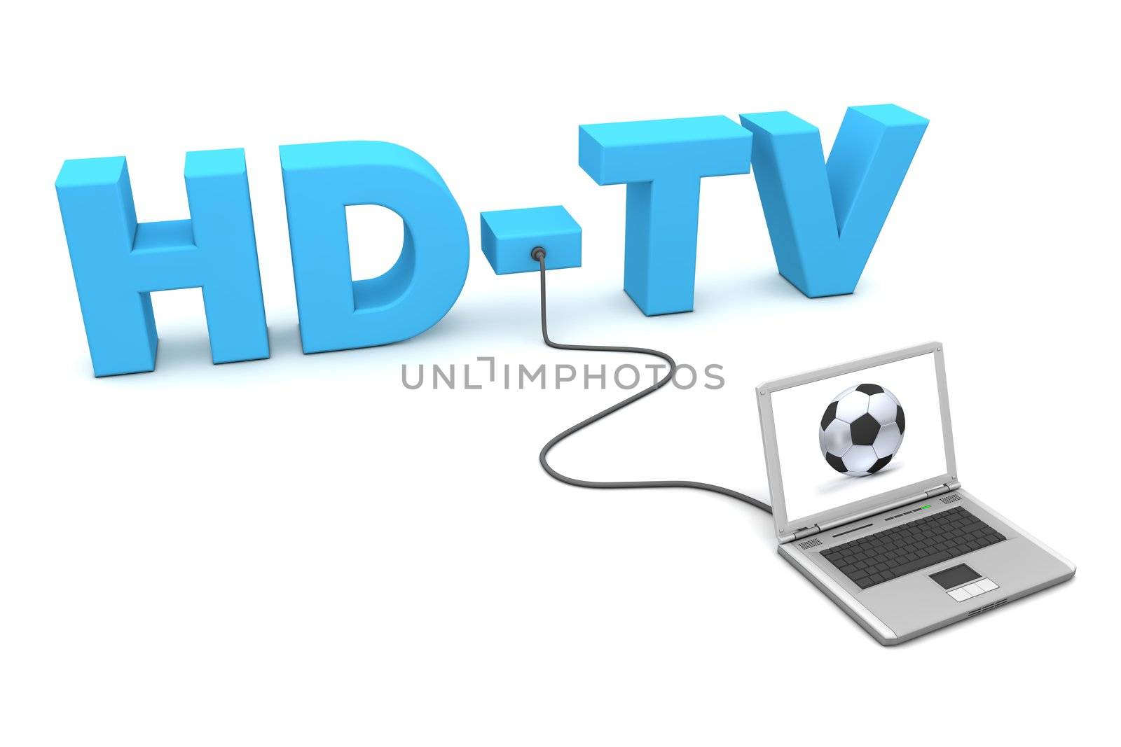 a laptop is connected to the blue word HD-TV - watching football or soccer online - a fancy football on the screen