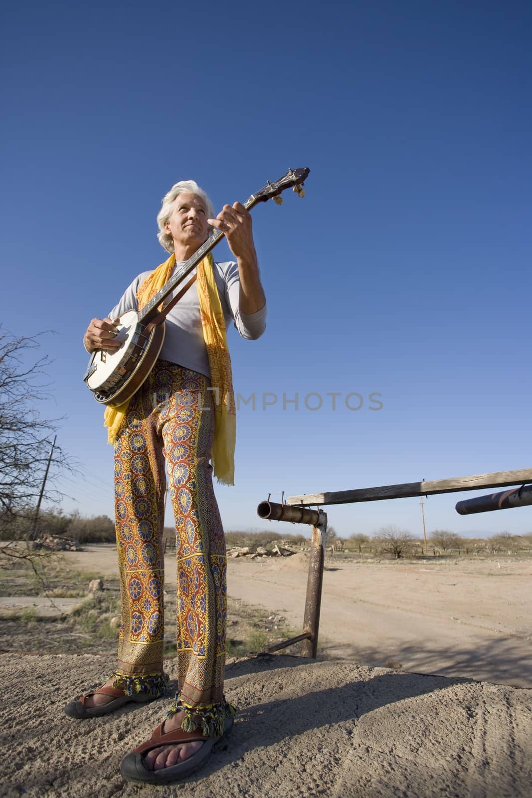 Banjo player standing against the blue sky