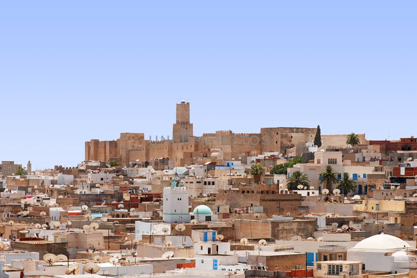 Overall view of city, roofs of houses, archeology museum of Sousse, Tunisia