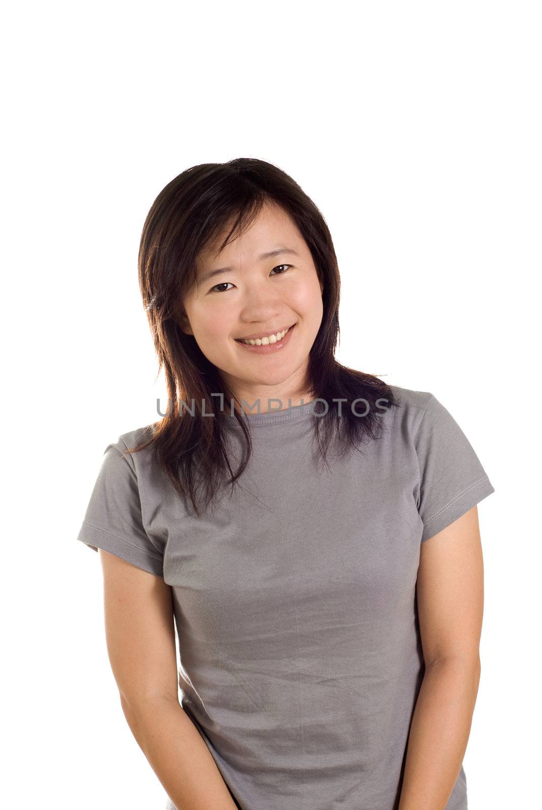 Happy smile sport woman of Asian on white background.