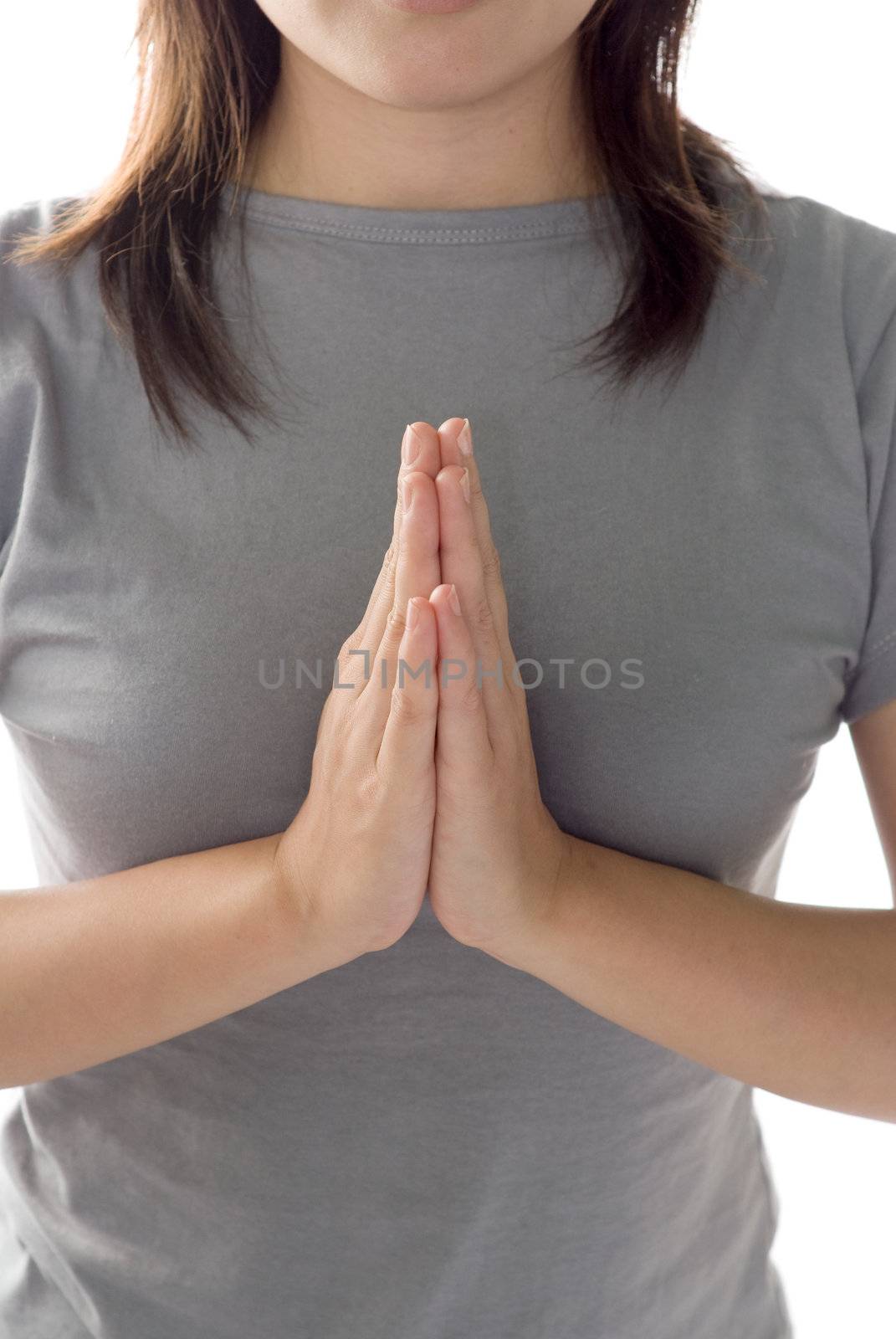 Zen of woman closeup gesture on white background.