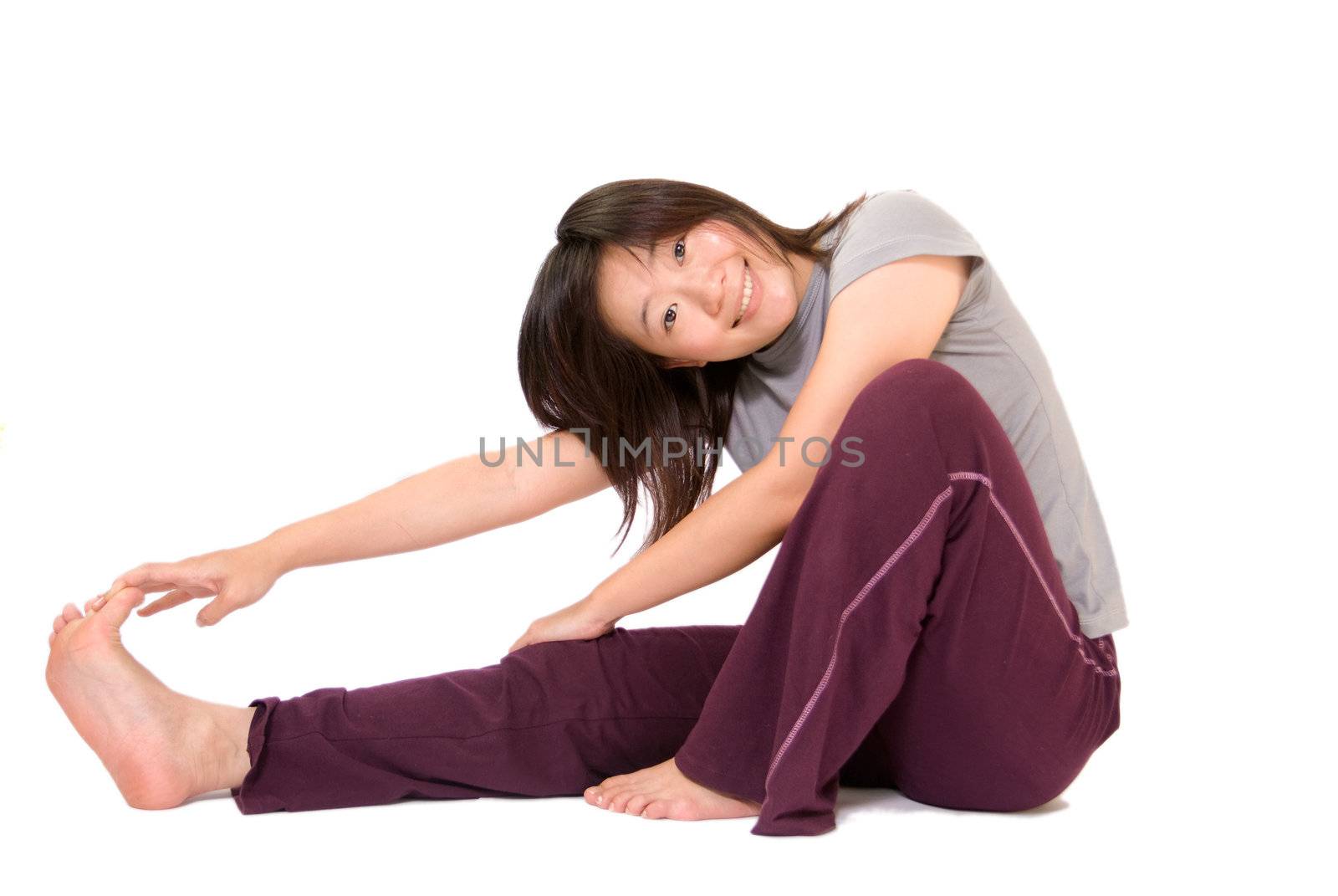 Happy smile sport girl excise on white background.