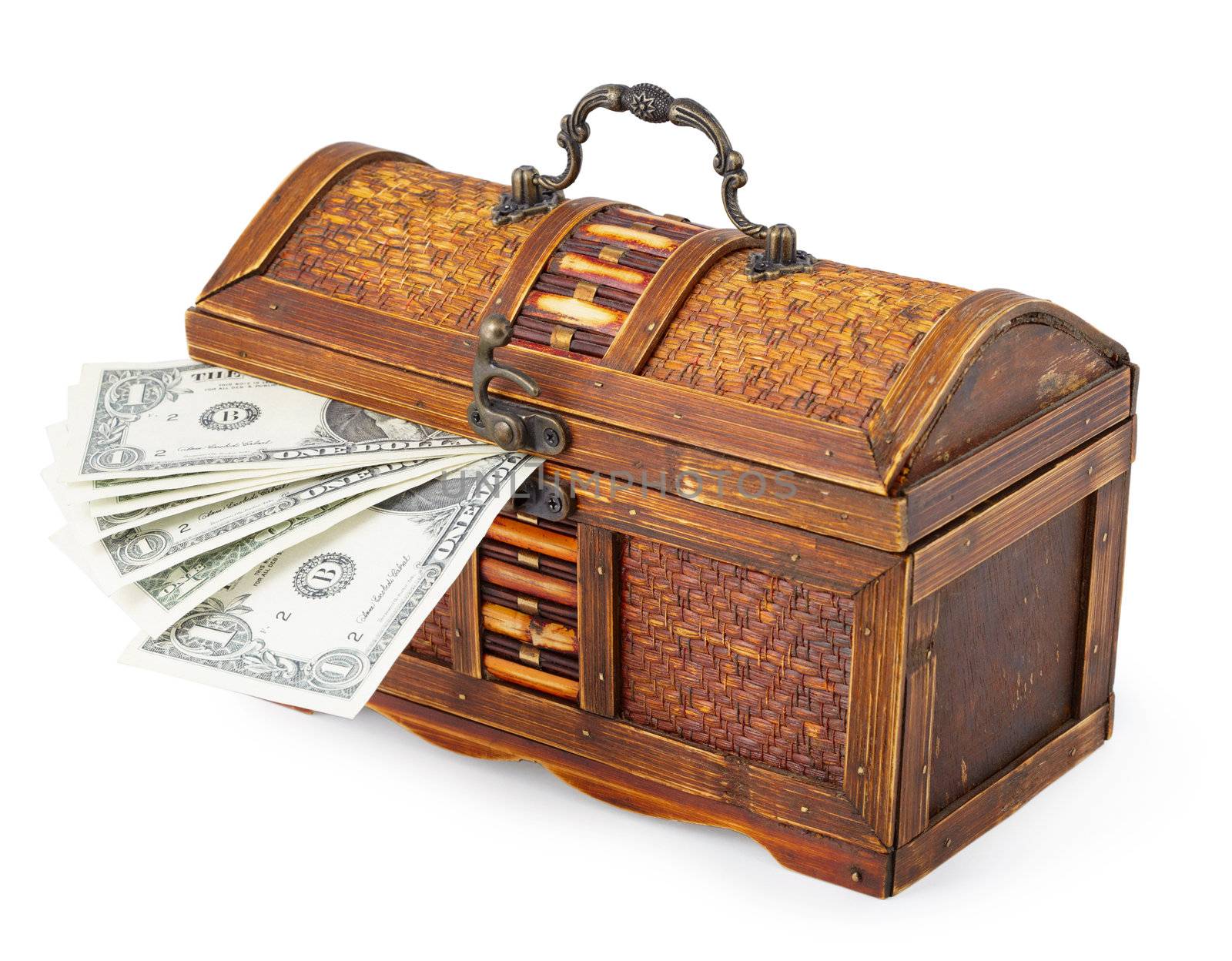 Old wooden little chest and money isolated on a white background