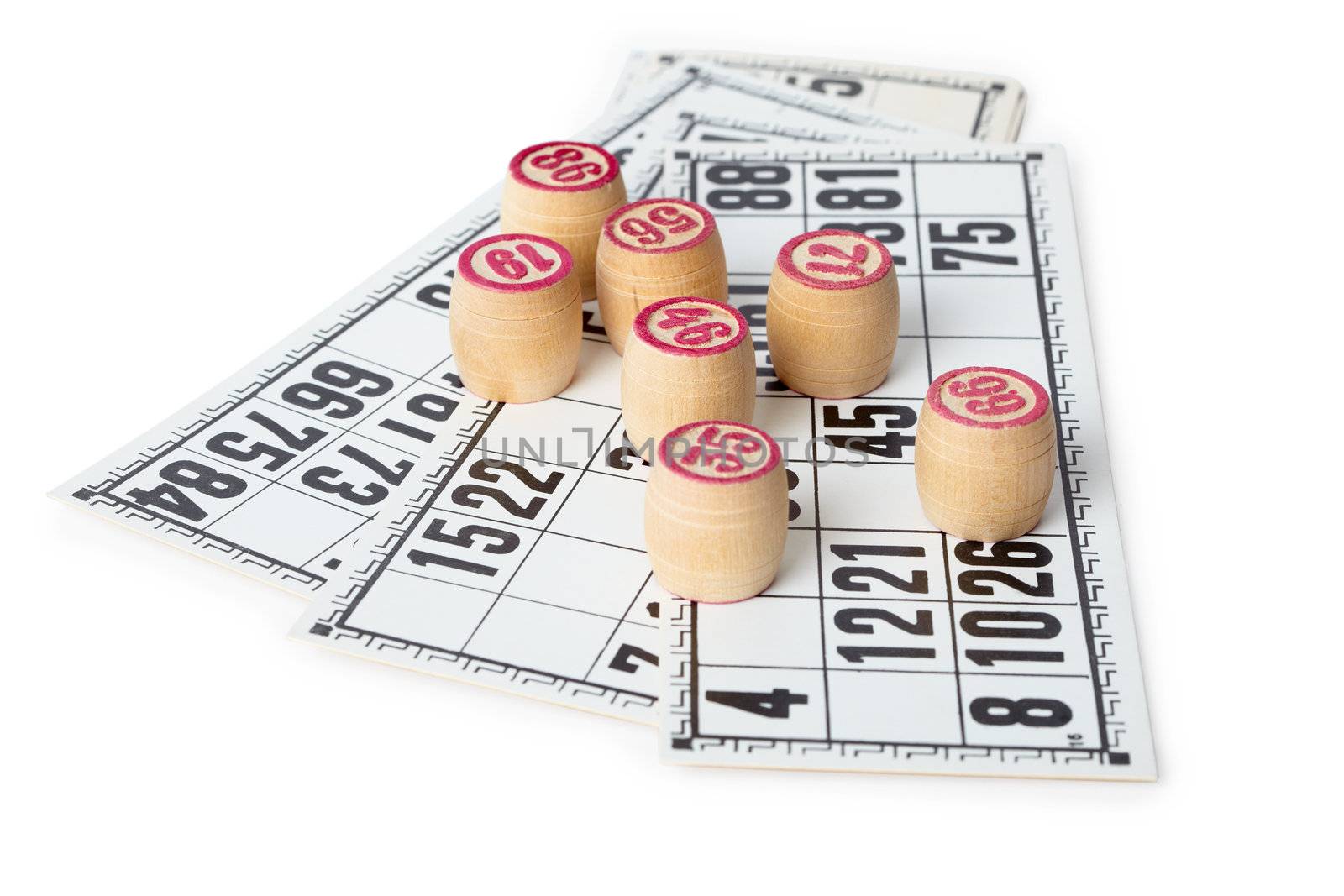 Kegs for bingo on cards, isolated on white background