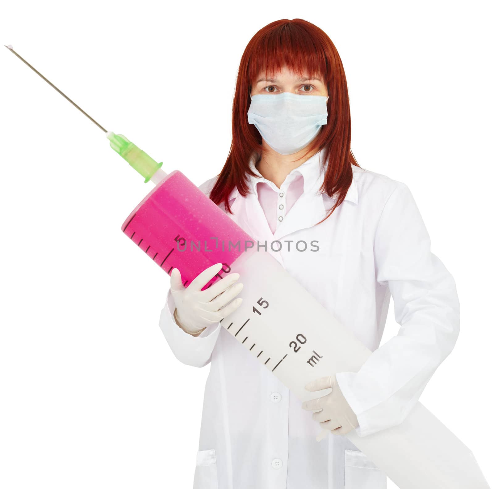 A young woman doctor with big syringe in his hands