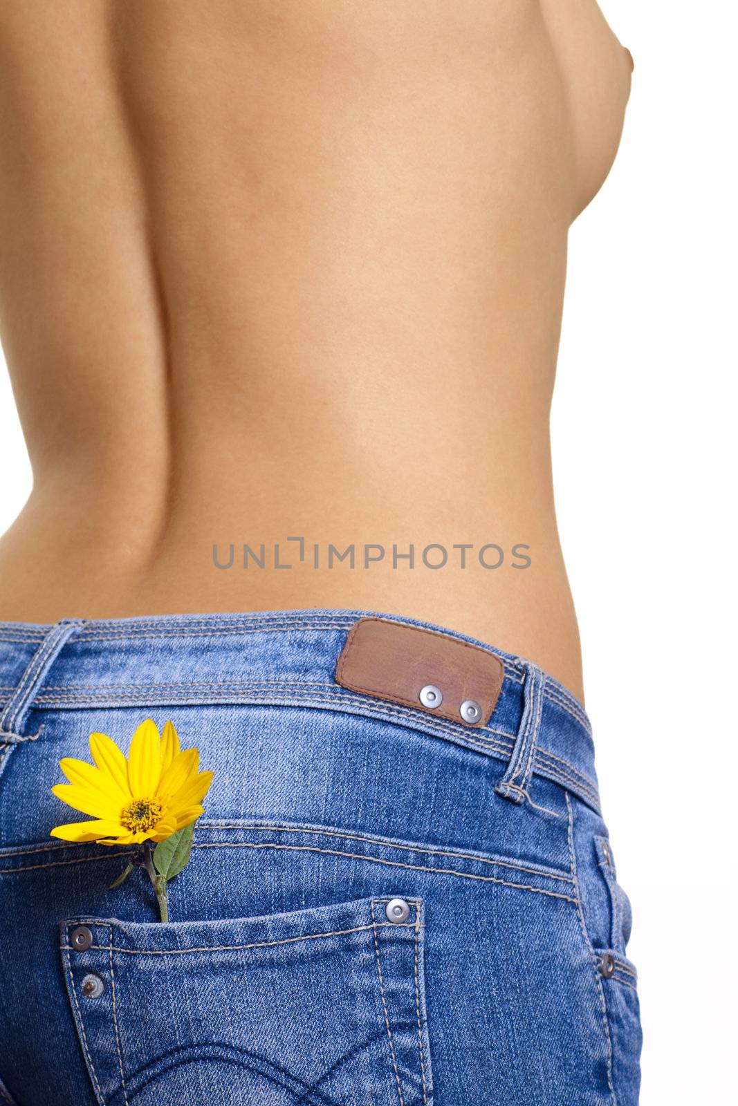 Nude girl with blue jeans and yellow flower