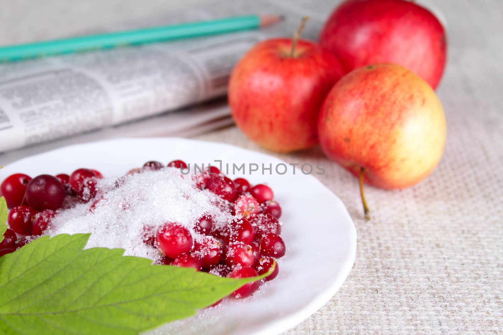 Plate of a cowberry sprinkled with sugar removed close up against a linen napkin