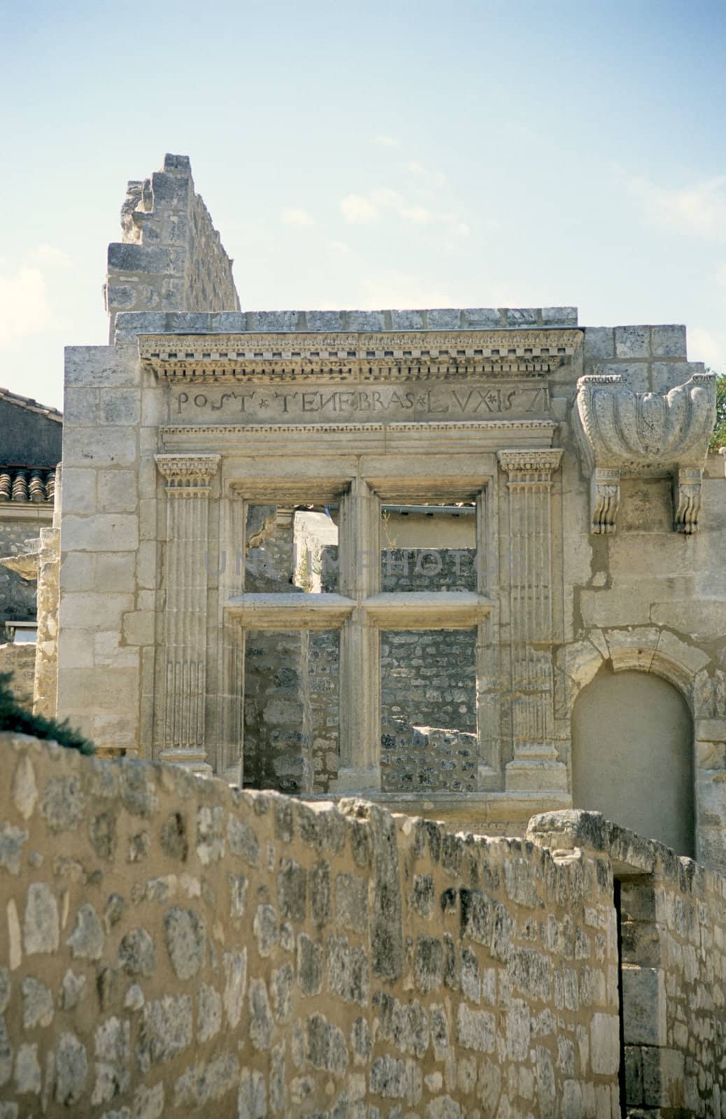 A Roman window made of stone, Les Baux de Provence, France.