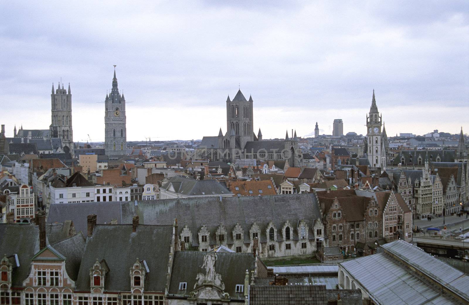 An aerial view of historic Ghent, Belgium with the Belfry and church towers in view. 