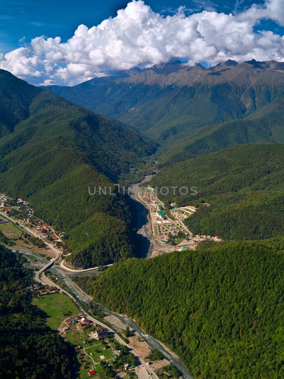 Aerial view of Krasnaya Poluana place (Sochi, Russia). The resort is slated to host the snow events (alpine and nordic) of the 2014 Winter Olympics in Sochi.