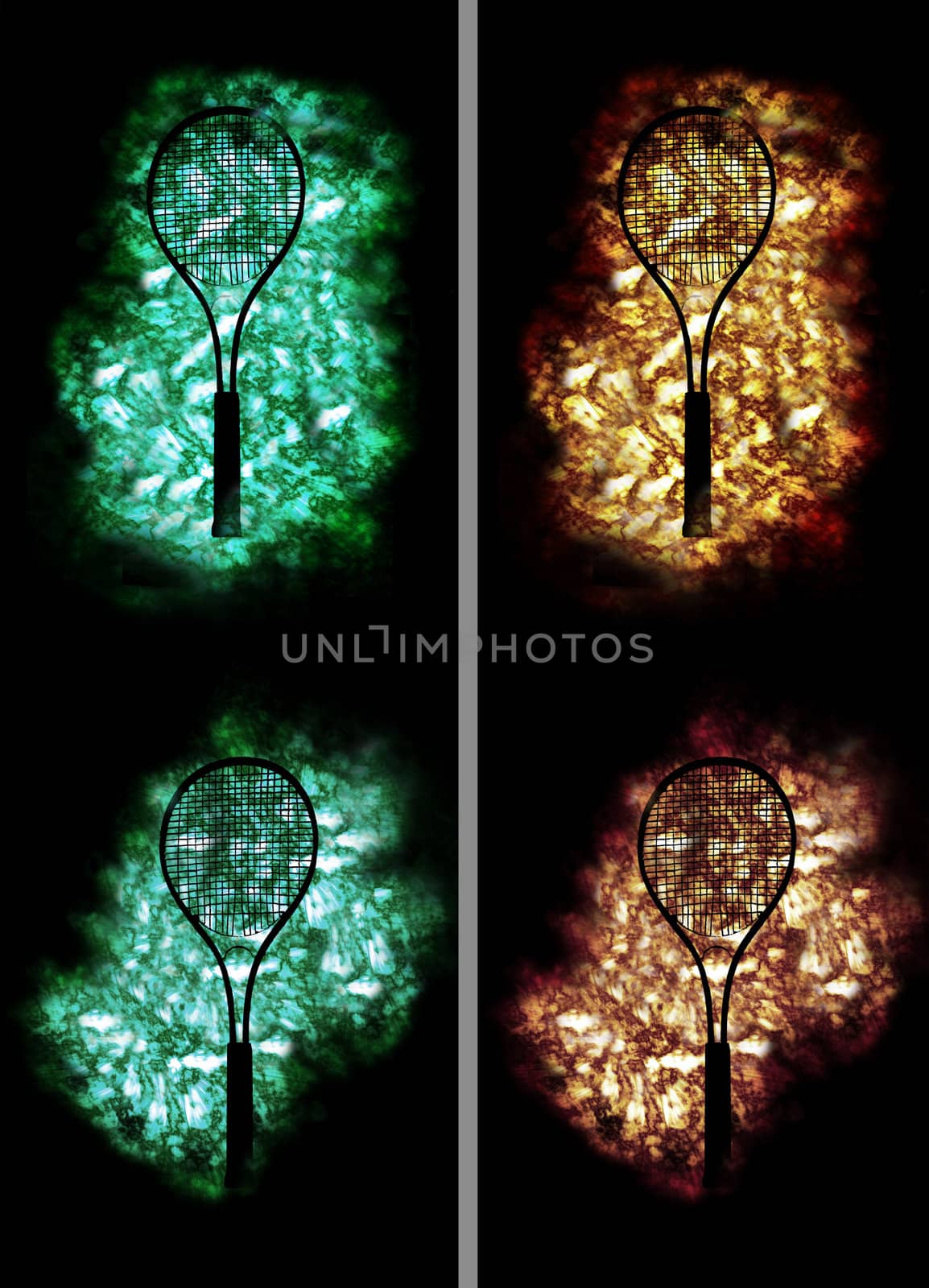 four tennis rackets on 4 different golden and green backgrounds