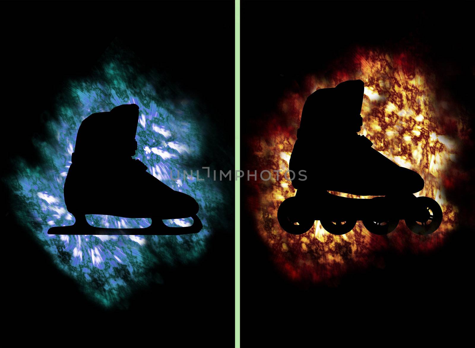 Skate and roller-skate shoe on ice and fire for summer and winter