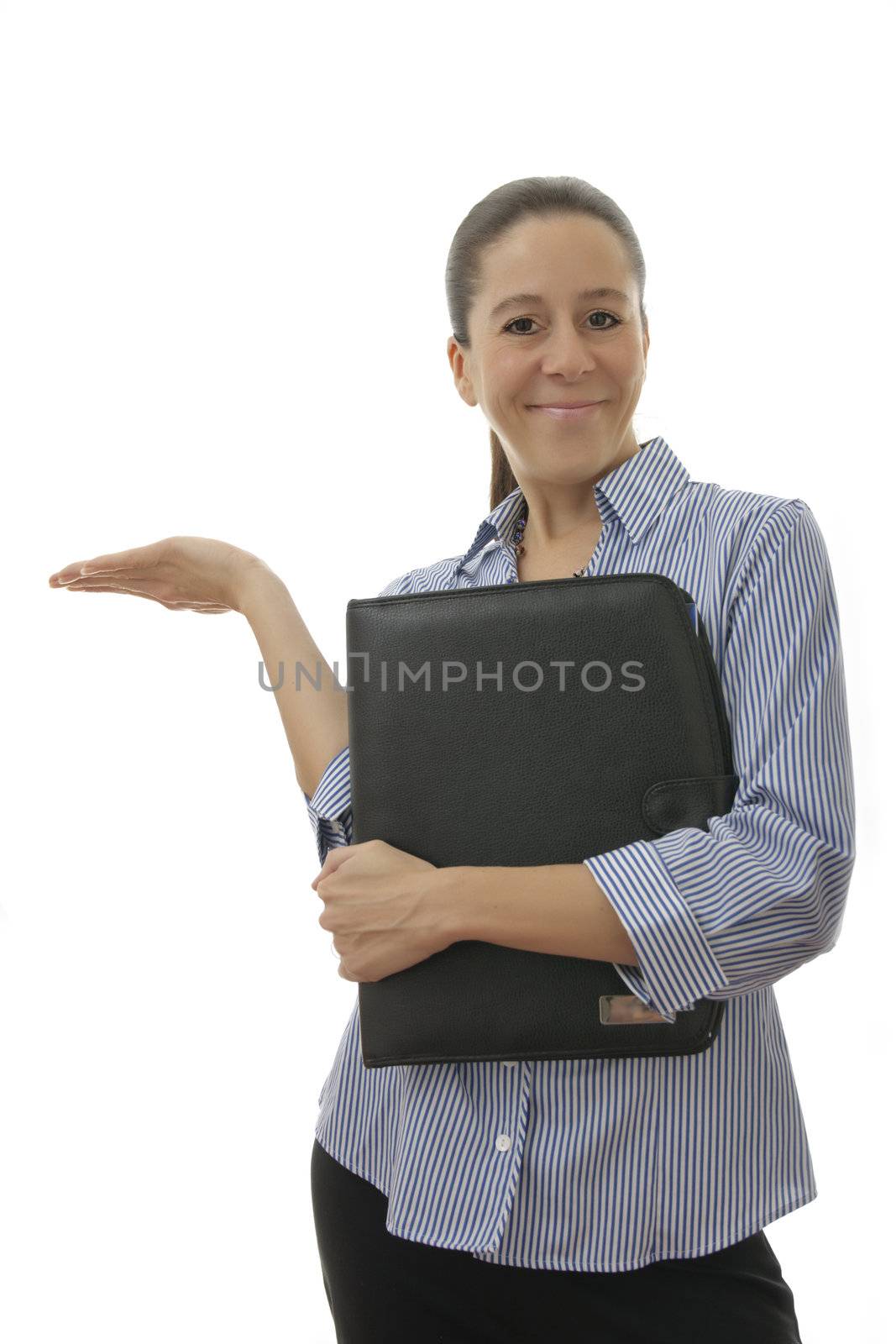 Smart smiling business woman holding a black folder and hand out on a white background