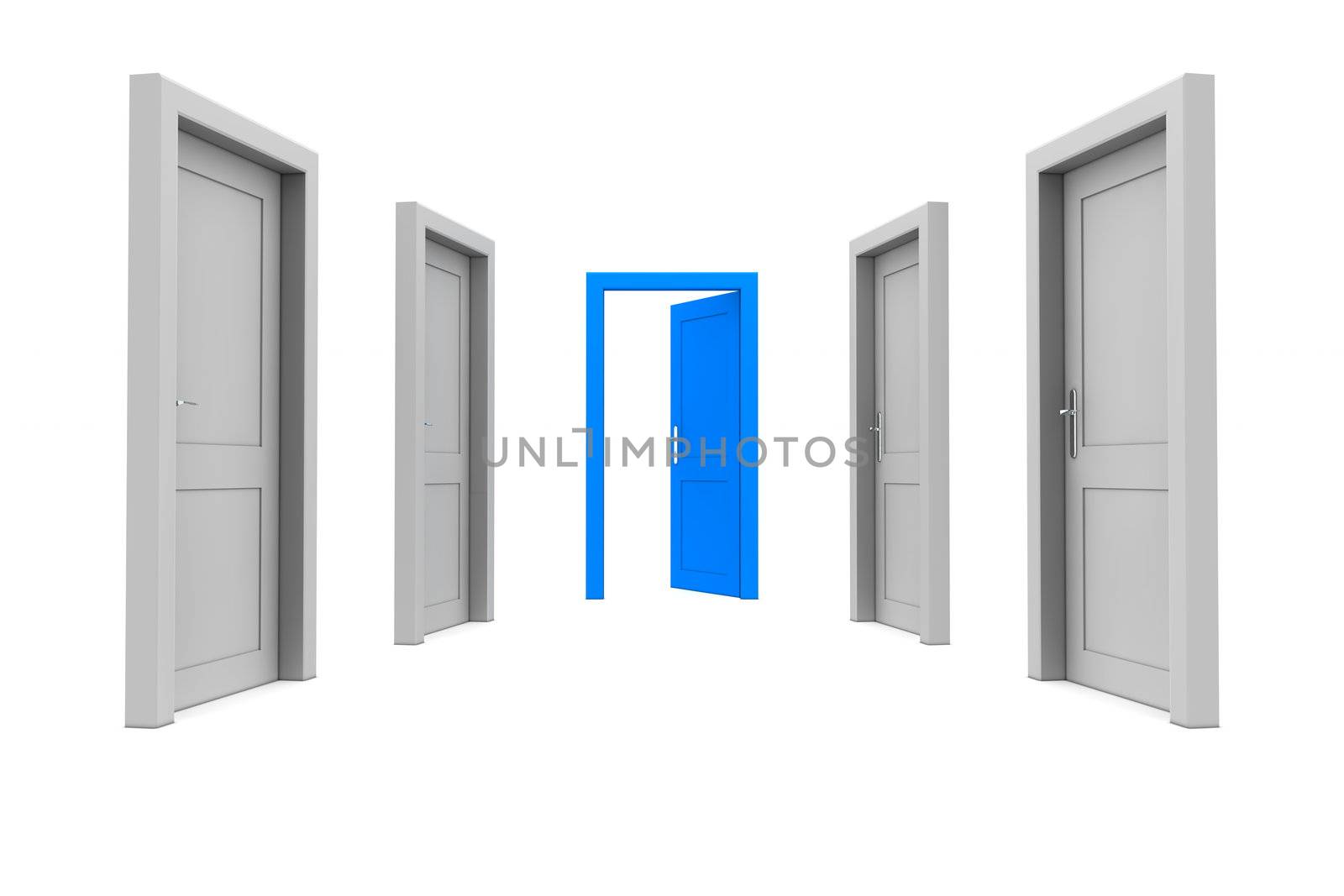 abstract hallway with gray doors - one blue door open at the end of the corridor