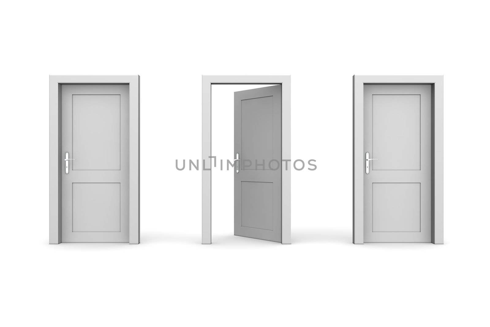 line of three grey doors - door and door frame, no walls - middle door open