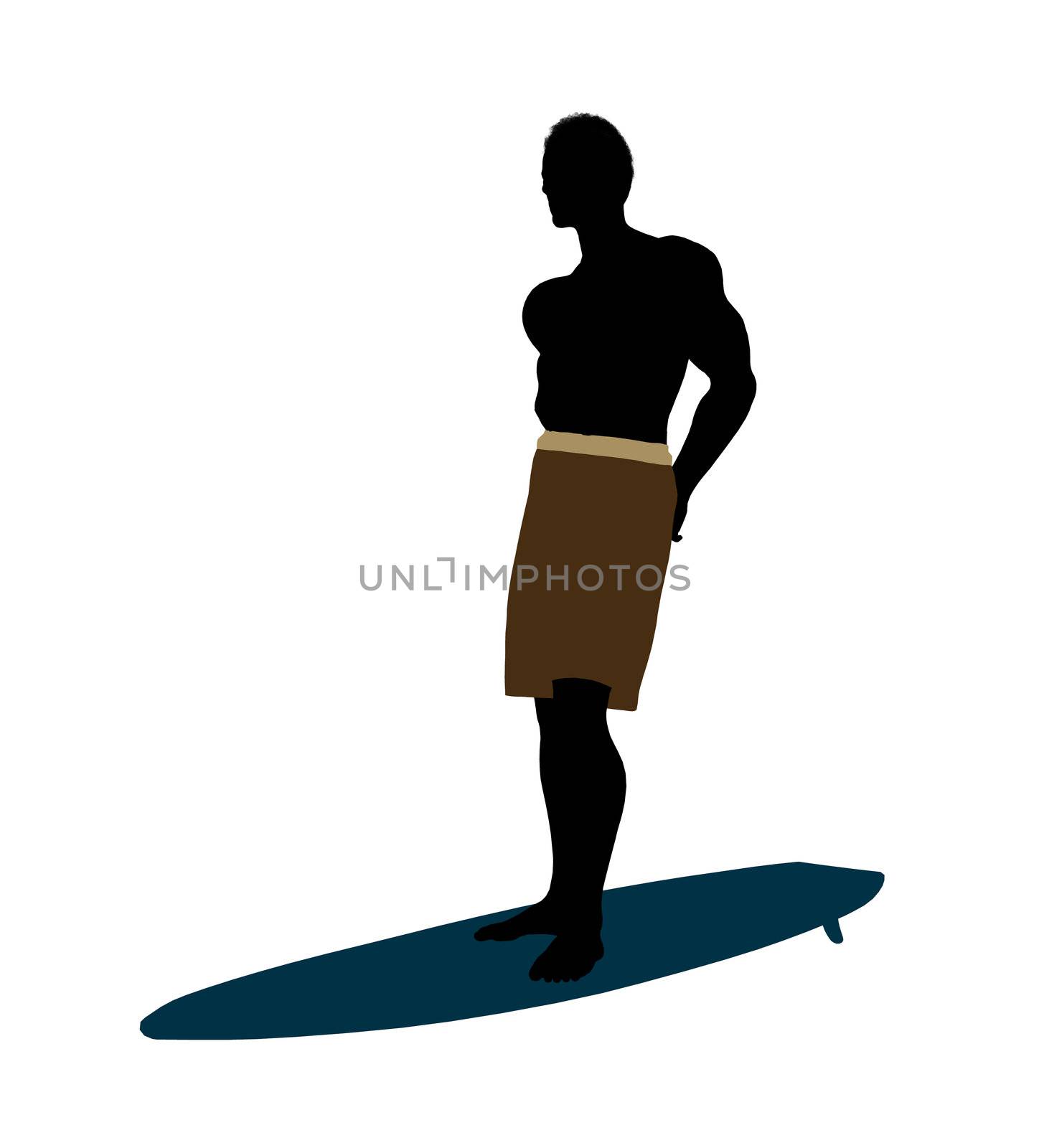 African american surfer on a surfboard silhouette illustration on a white background