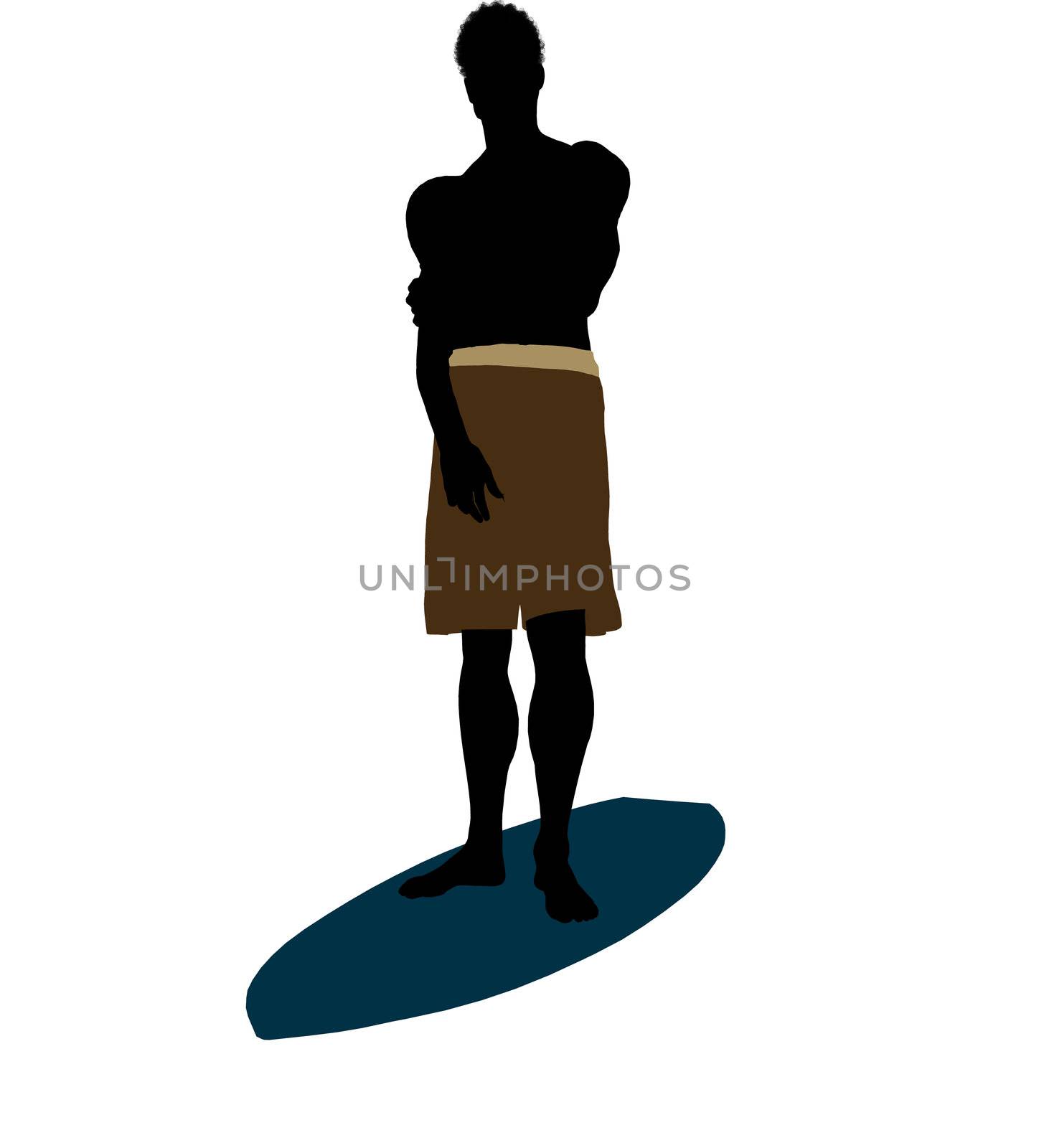African american surfer on a surfboard silhouette illustration on a white background
