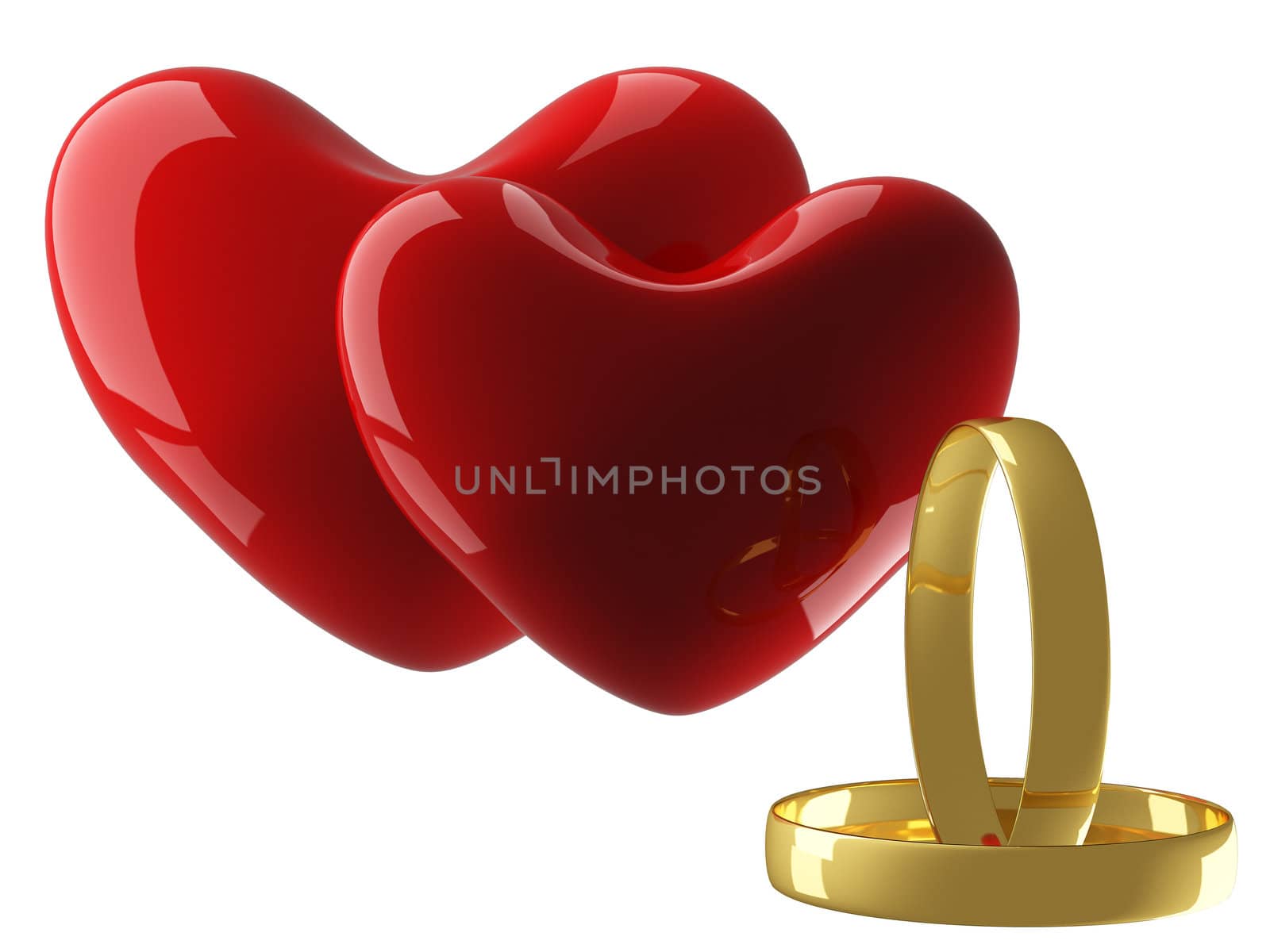 Two heart with wedding rings on a white background. 3D image.