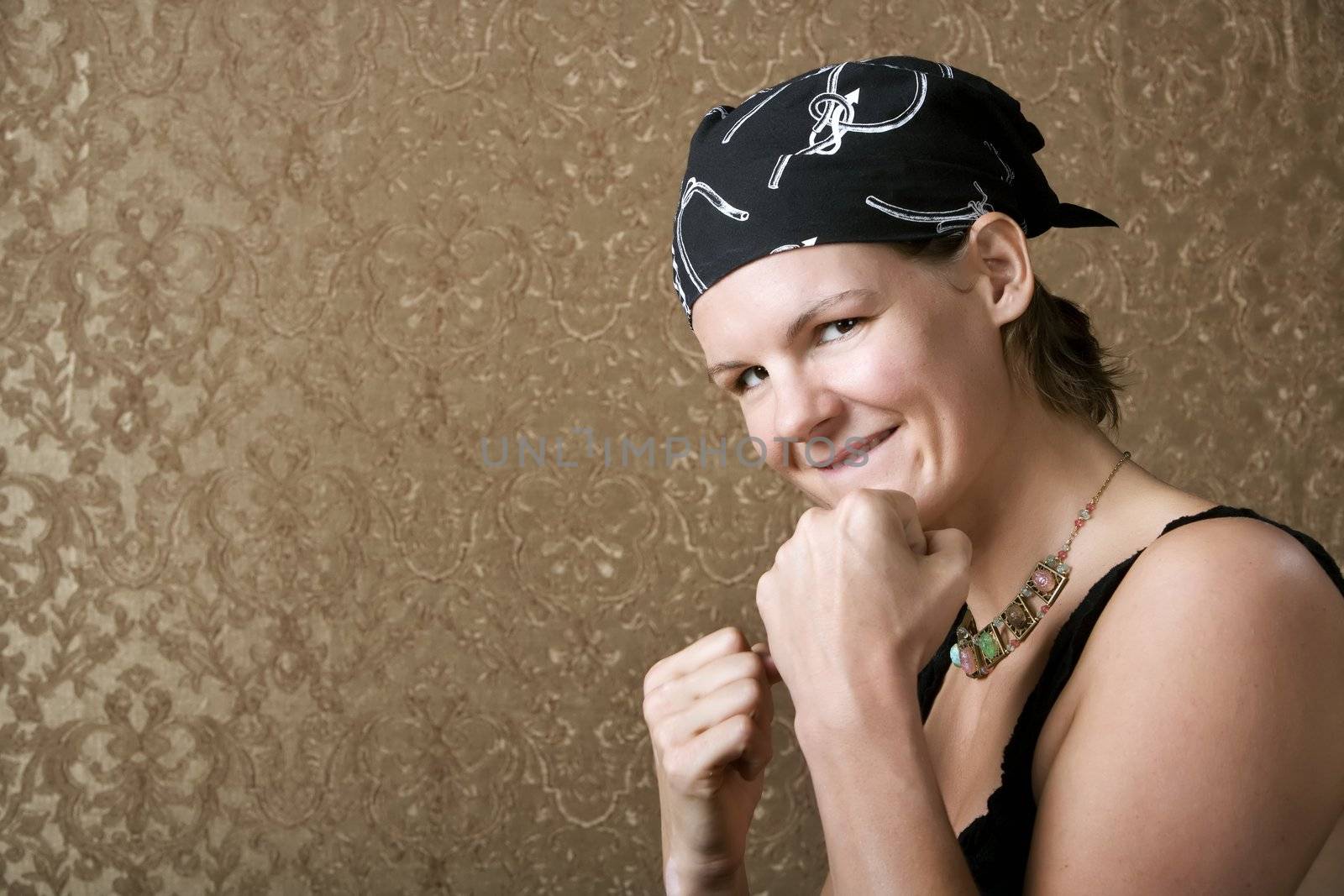 Pretty Boxing Woman Wearing a Bandana on Her Head