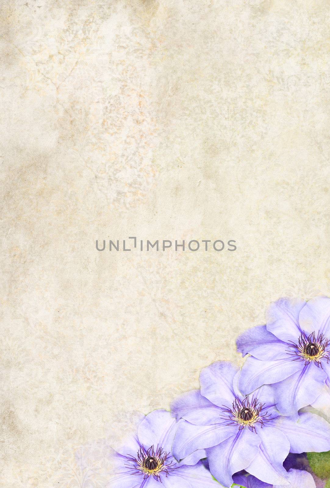Photo based illustrated background with purple Clematis flowers in the lower corner. 