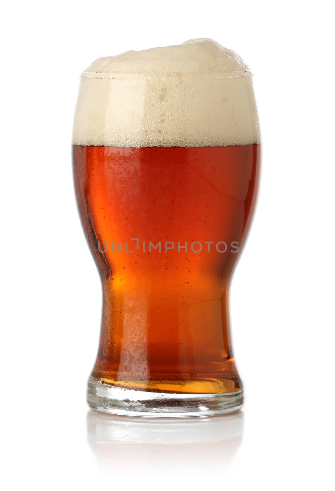 Cold glass of beer over white background