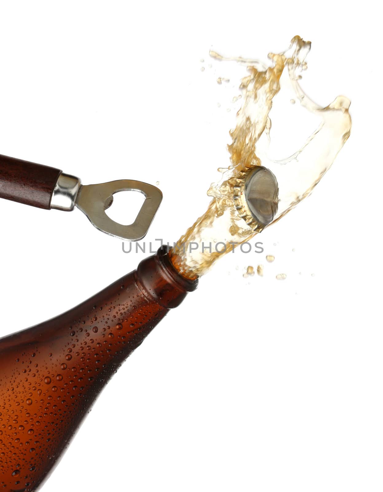 Opening a bottle of cold beer, splash image. White background