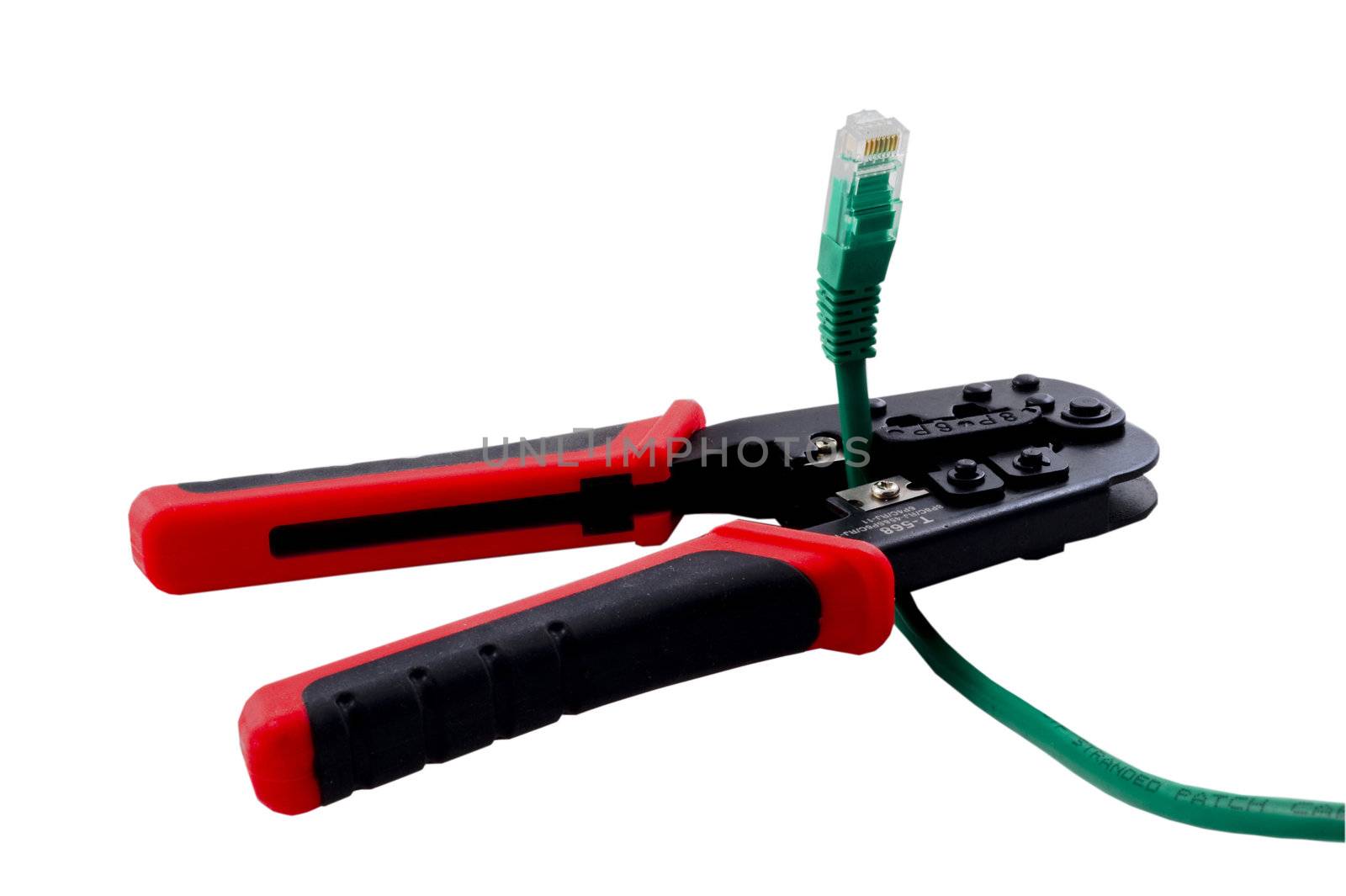 Climping tool and network cable  isollated on white background