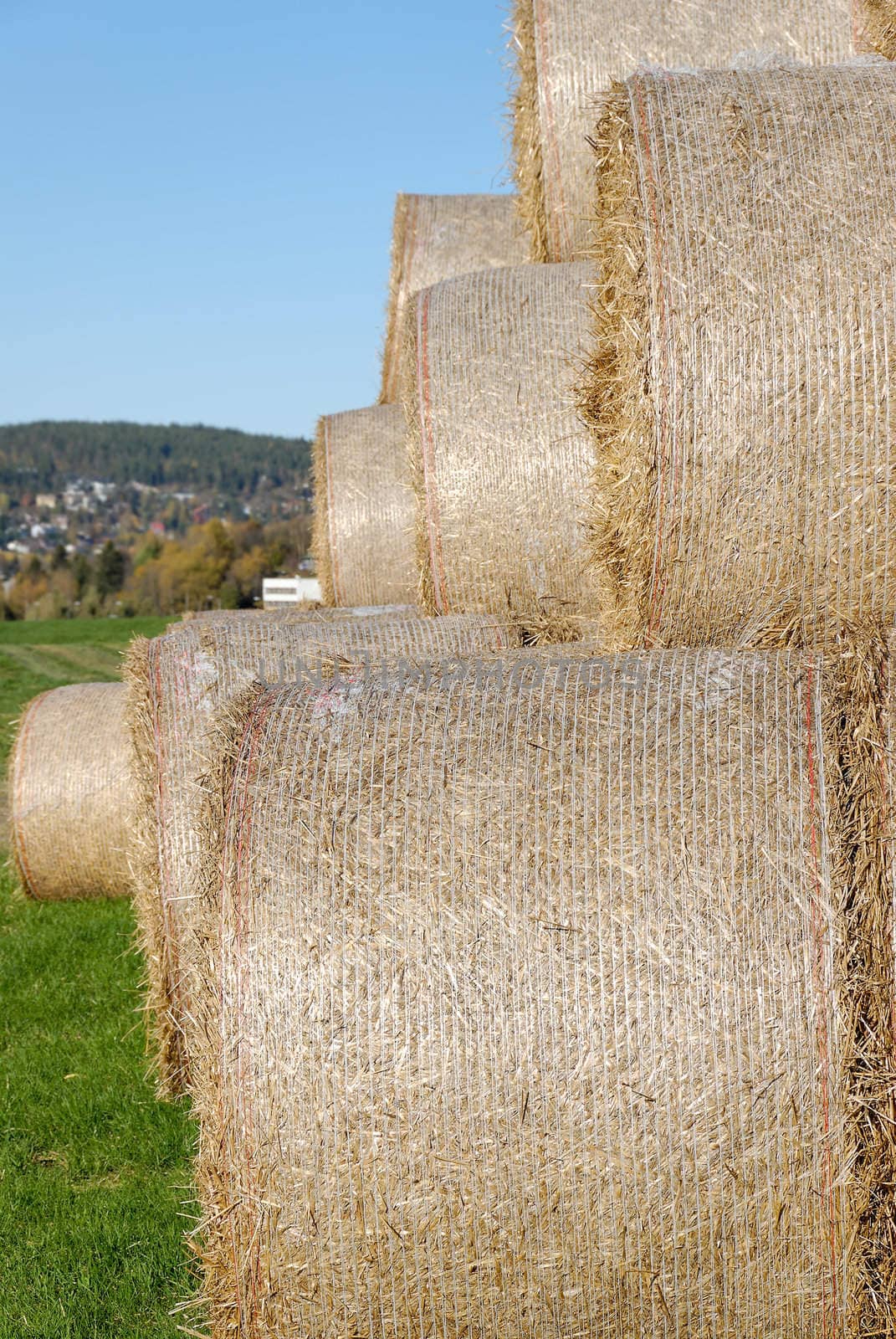 A pyramid of hay bails, seen from side.
