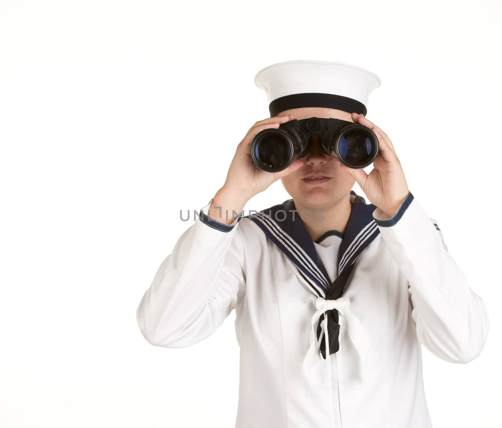 young female sailor with binoculars isolated on white