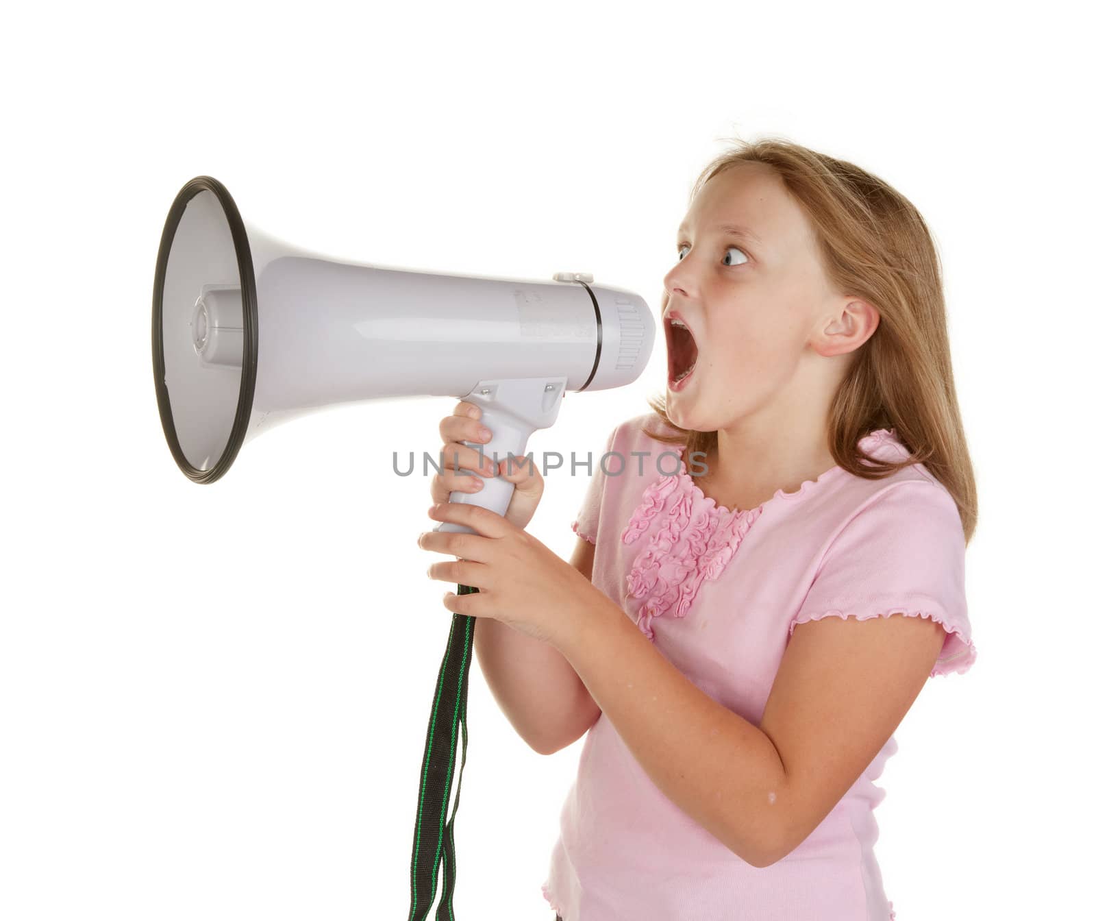 young girl yelling with megaphone  isolated on white