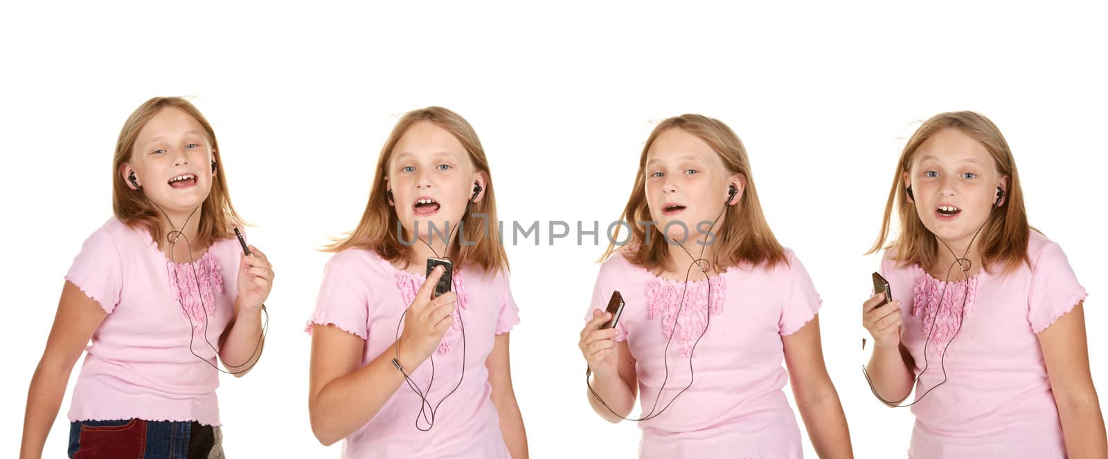 four images young girl dancing with generic mp3 isolated on white