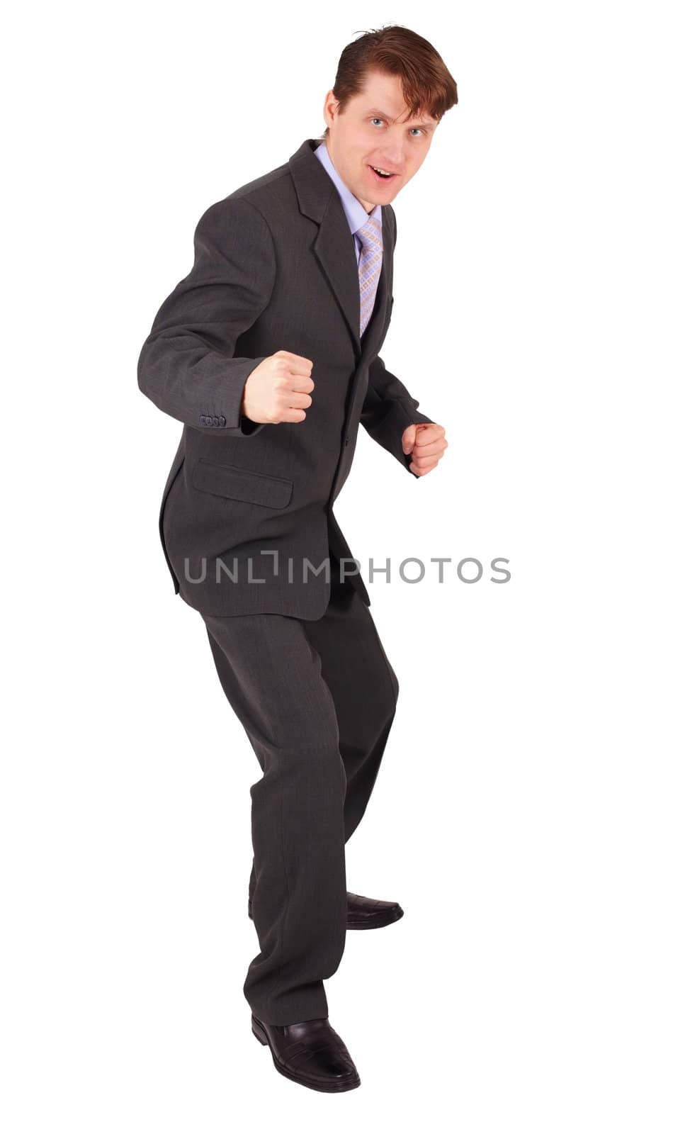 Fighting businessman is determined to act on white background