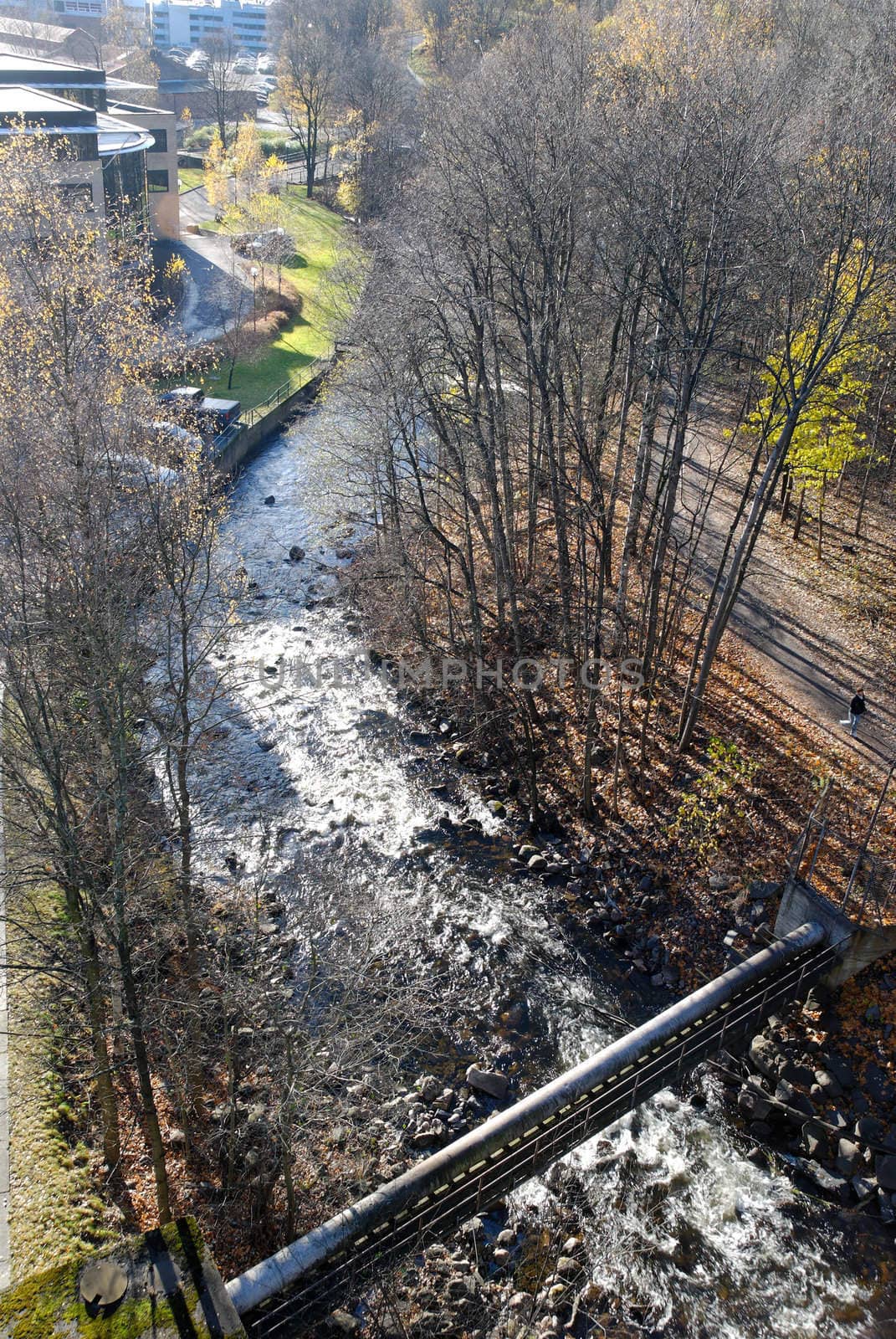 Akerselva River in Nydalen industrial park area in Oslo, Norway.
