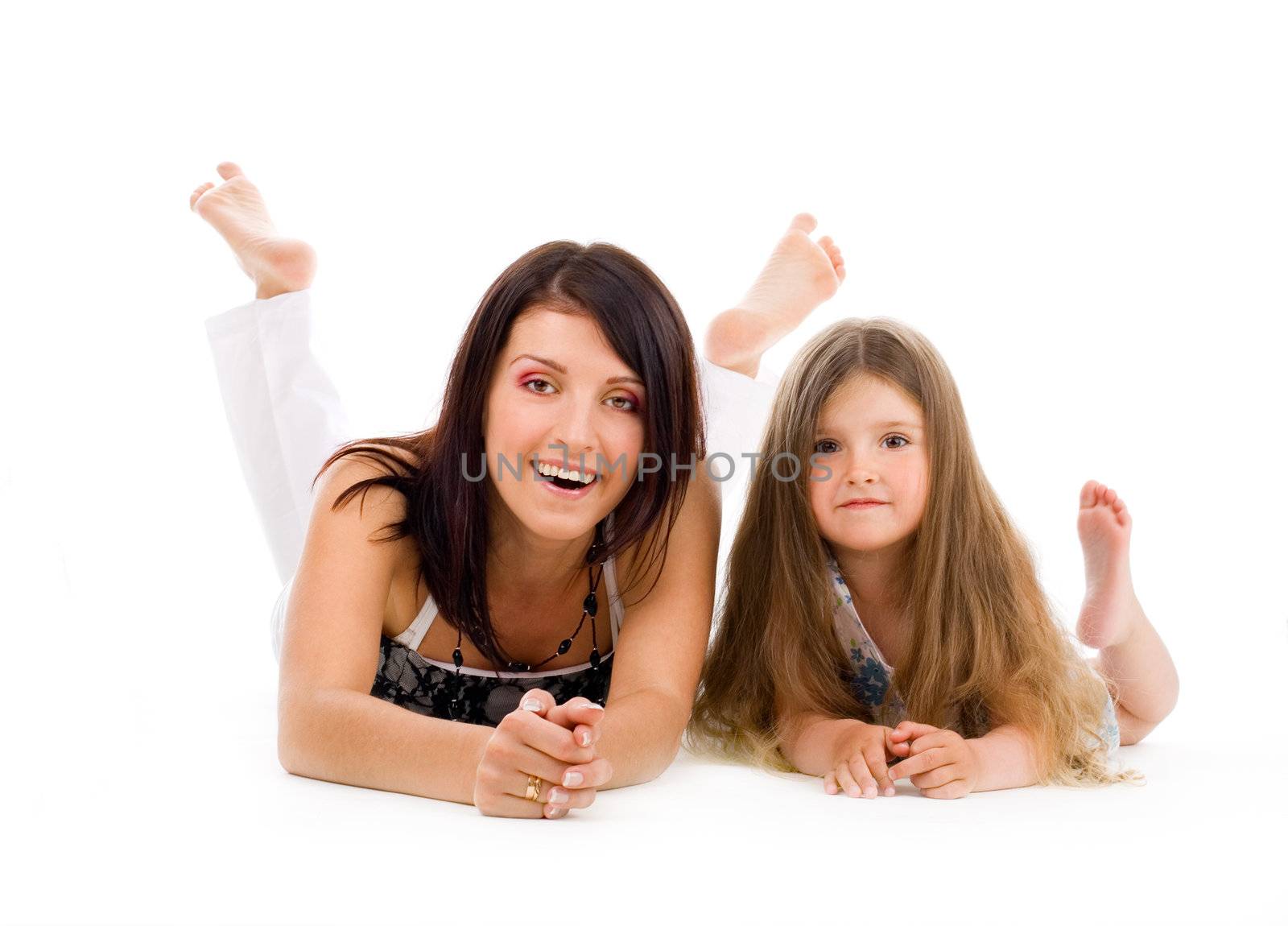 Happy young mother and daughter on isolated background