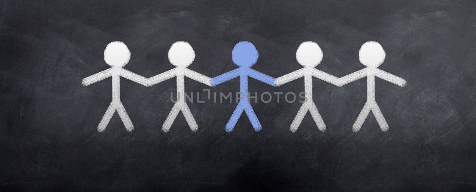 A blue leader leading their team sketched on a blackboard