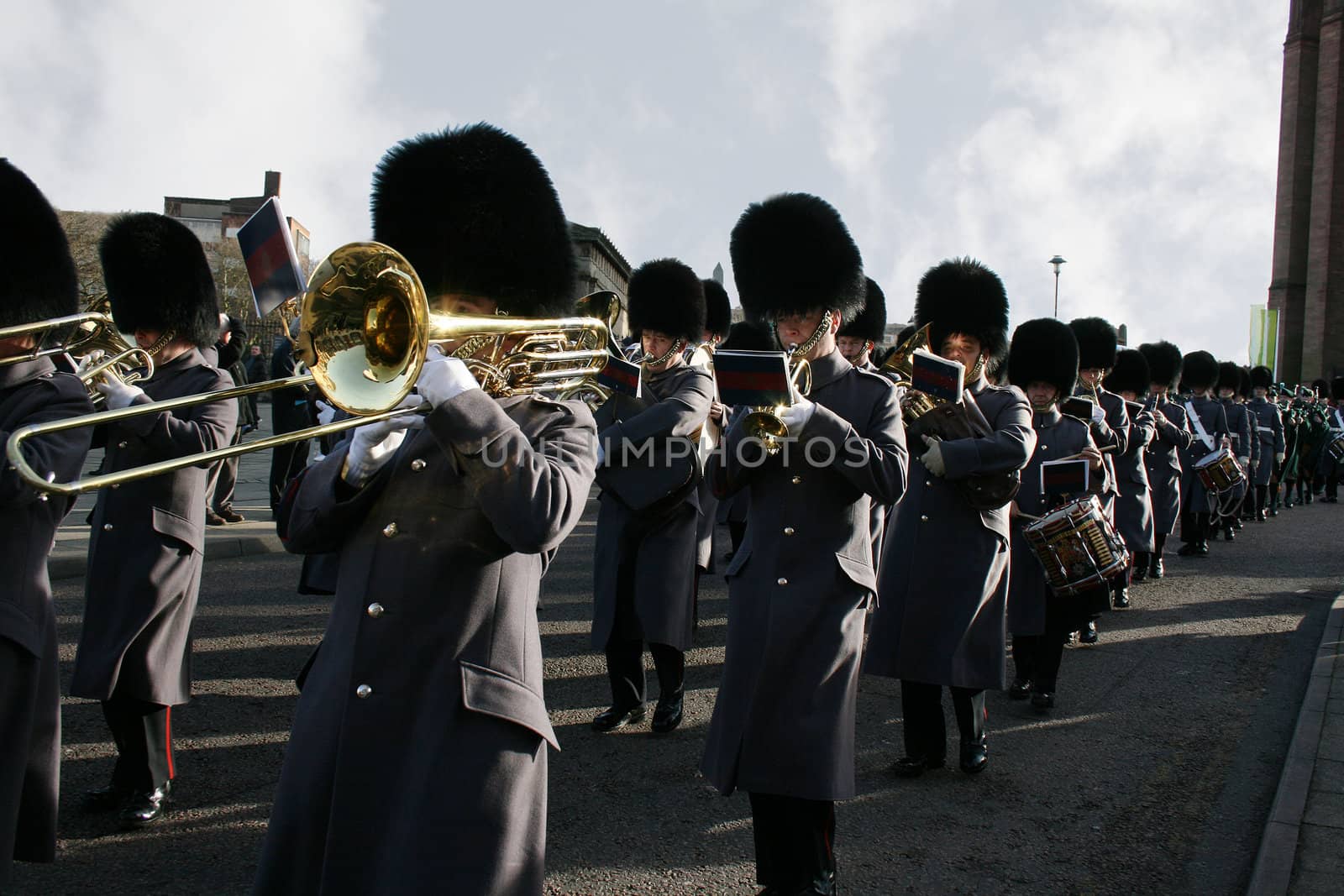 Band leads the 1st battalion Irish Guards on a march after returning from a tour of duty in Iraq