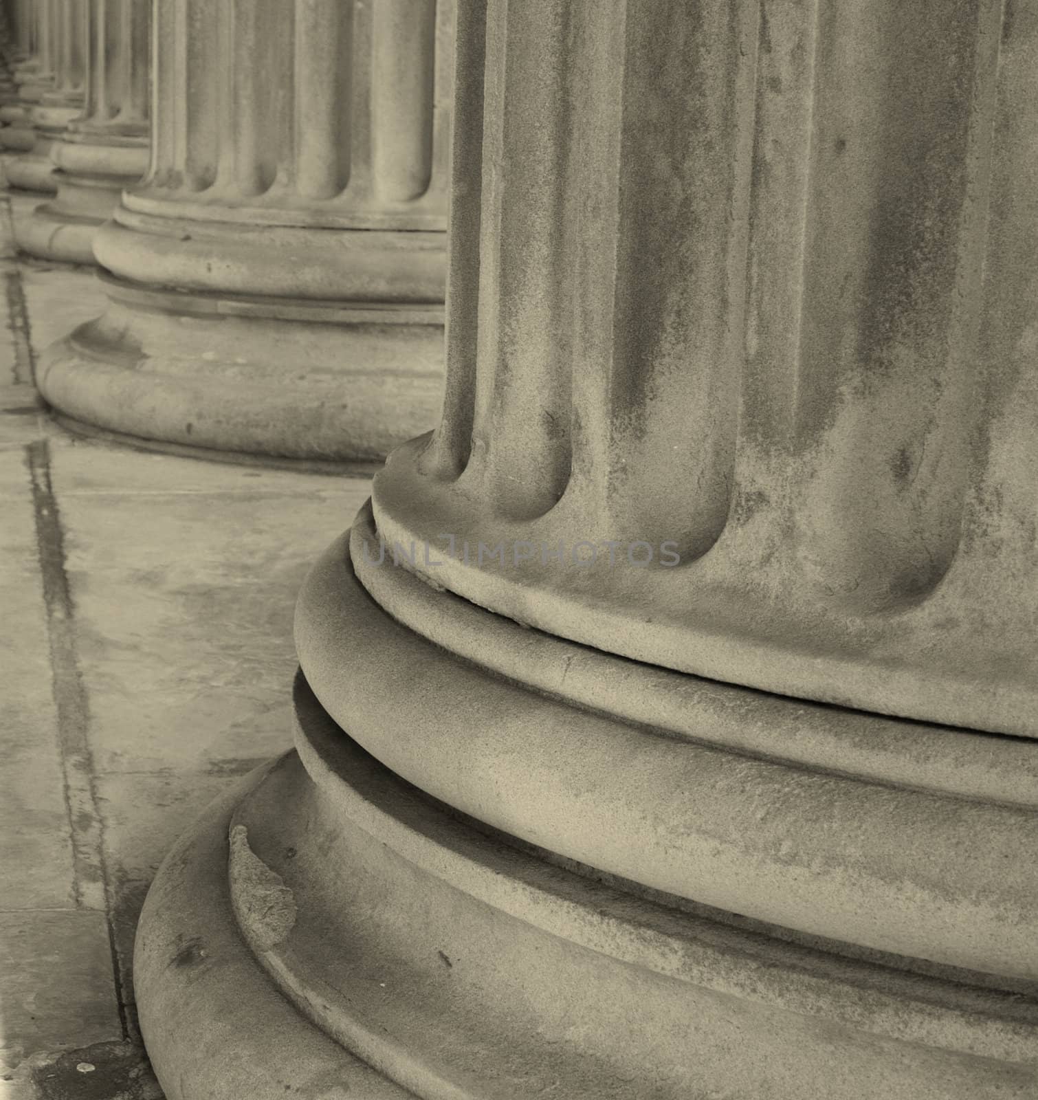 Monochrome Row of neoclassical pillars at St Georges Hall, Liverpool, UK Built in 1854