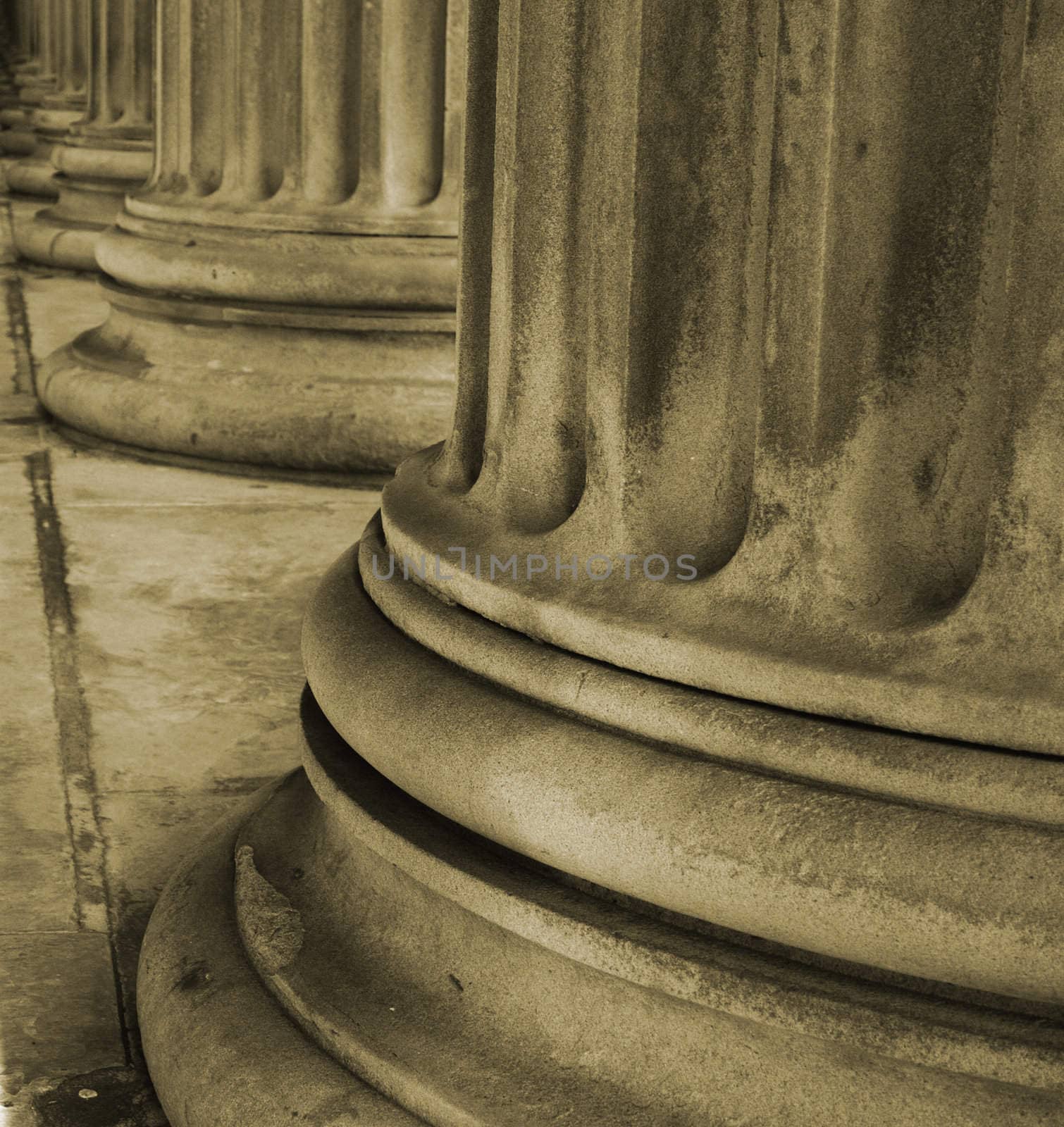 Sepia Row of neoclassical pillars at St Georges Hall, Liverpool, UK Built in 1854